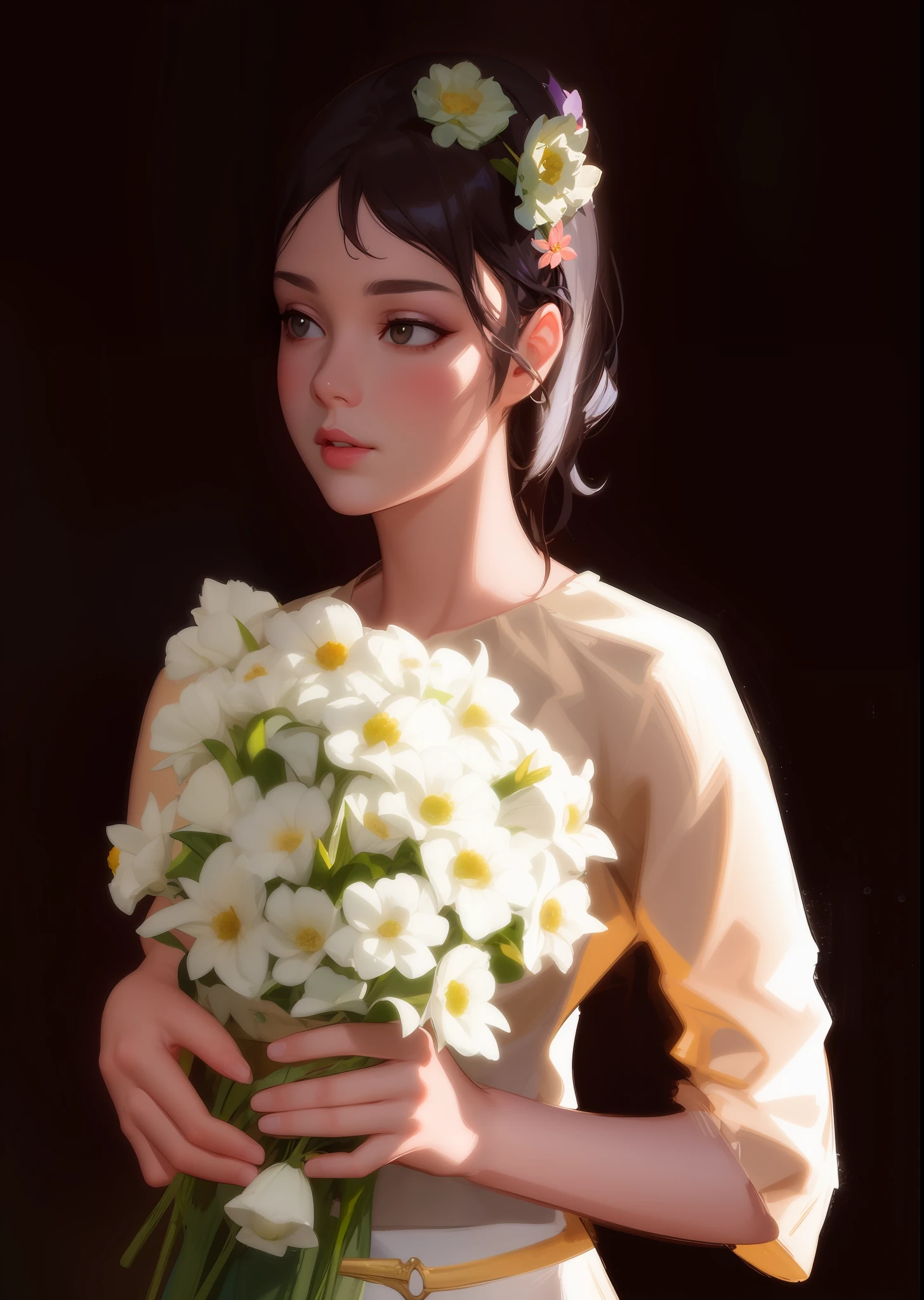 painting of a woman holding a bunch of flowers in her hands, artwork in the style of guweiz, guweiz, with flowers, in the art style of bowater, style in digital painting, holding flowers, guweiz masterpiece, flowers in her dark hair, digital paining, digital character painting, girl with a flower head, detailed digital painting