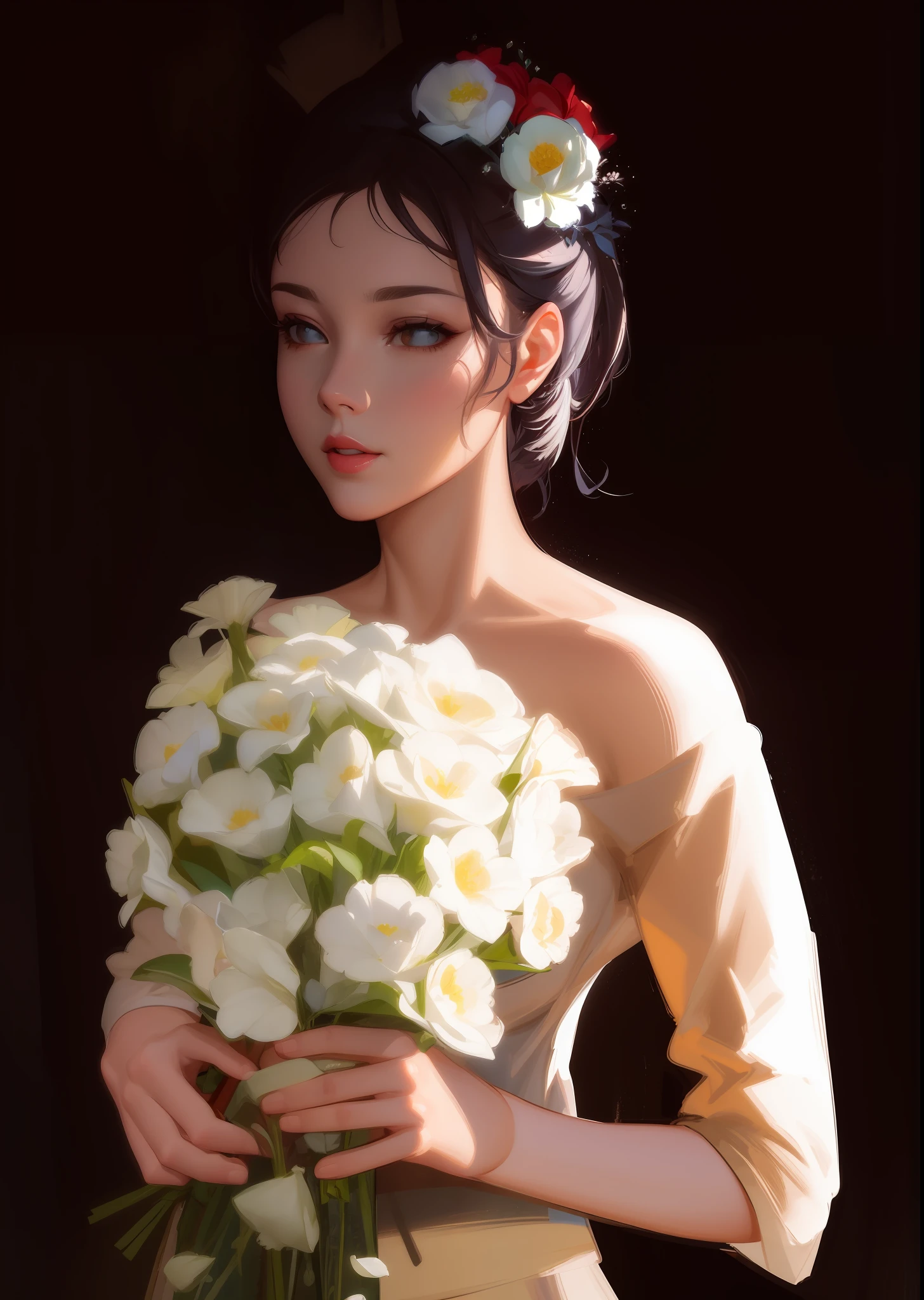painting of a woman holding a bunch of flowers in her hands, artwork in the style of guweiz, guweiz, with flowers, in the art style of bowater, style in digital painting, holding flowers, guweiz masterpiece, flowers in her dark hair, digital paining, digital character painting, girl with a flower head, detailed digital painting