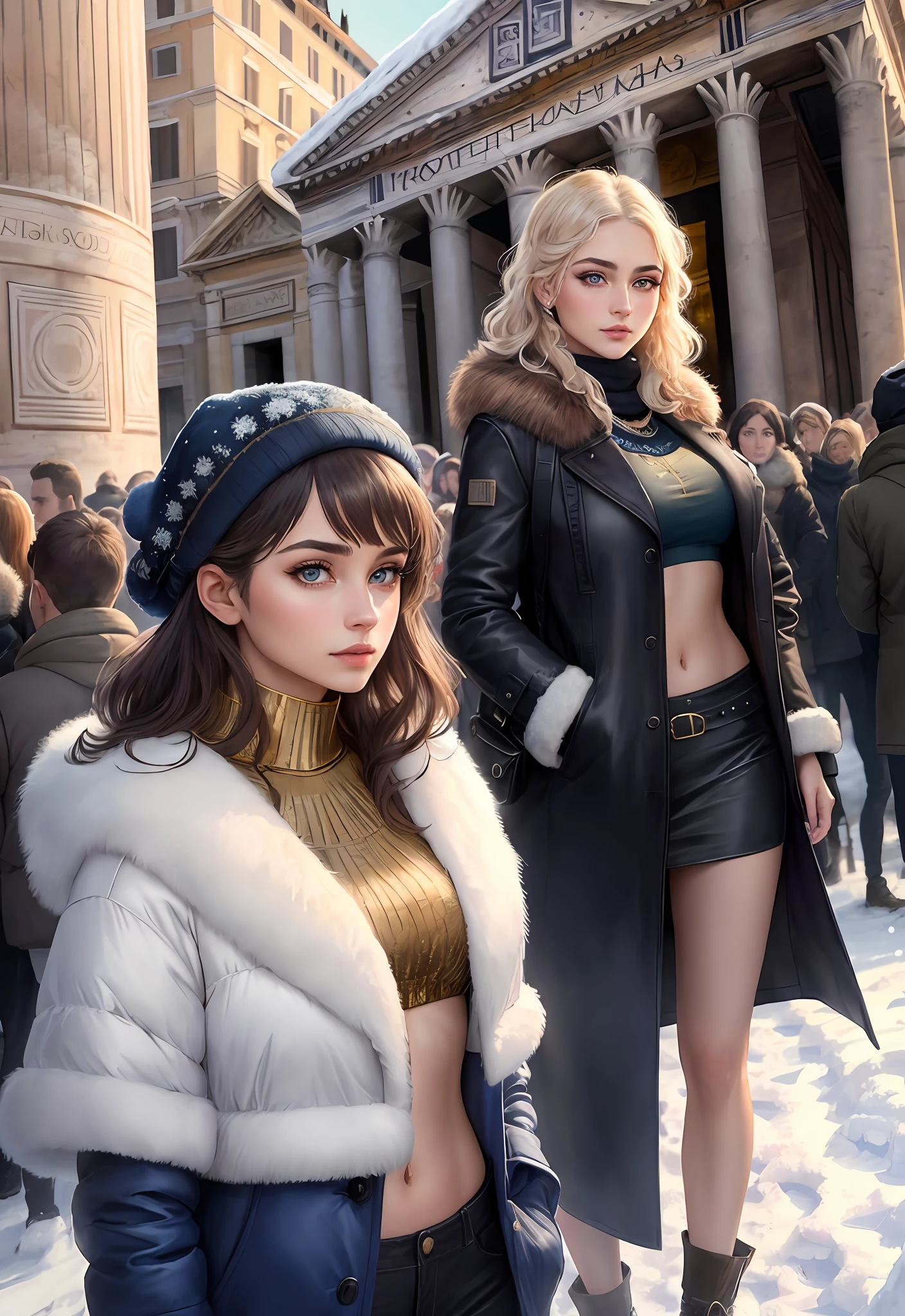 (Positive focus, Original photo), (2girls,duo,navel,Enter the Pantheon in Rome,crowd,winter,Snowy),Surrealistic Female Portraits by David Hockney and Alphonse Mucha, Fantasy art,Wear gorgeous furs, (Blue pupil: 1.4, shiny pupils: 1.4, Big eyes: 1.1), Photo fidelity, Dynamic lighting, Art Station, poster for, voluminetric lighting, Very detailed face, 4K, Award-winning, Shadows, understated, (official outfit: 1.4, Gorgeous fur, Complex clothing, Furs), Looking at the camera, Bust Up Shot, (Realistic face)),