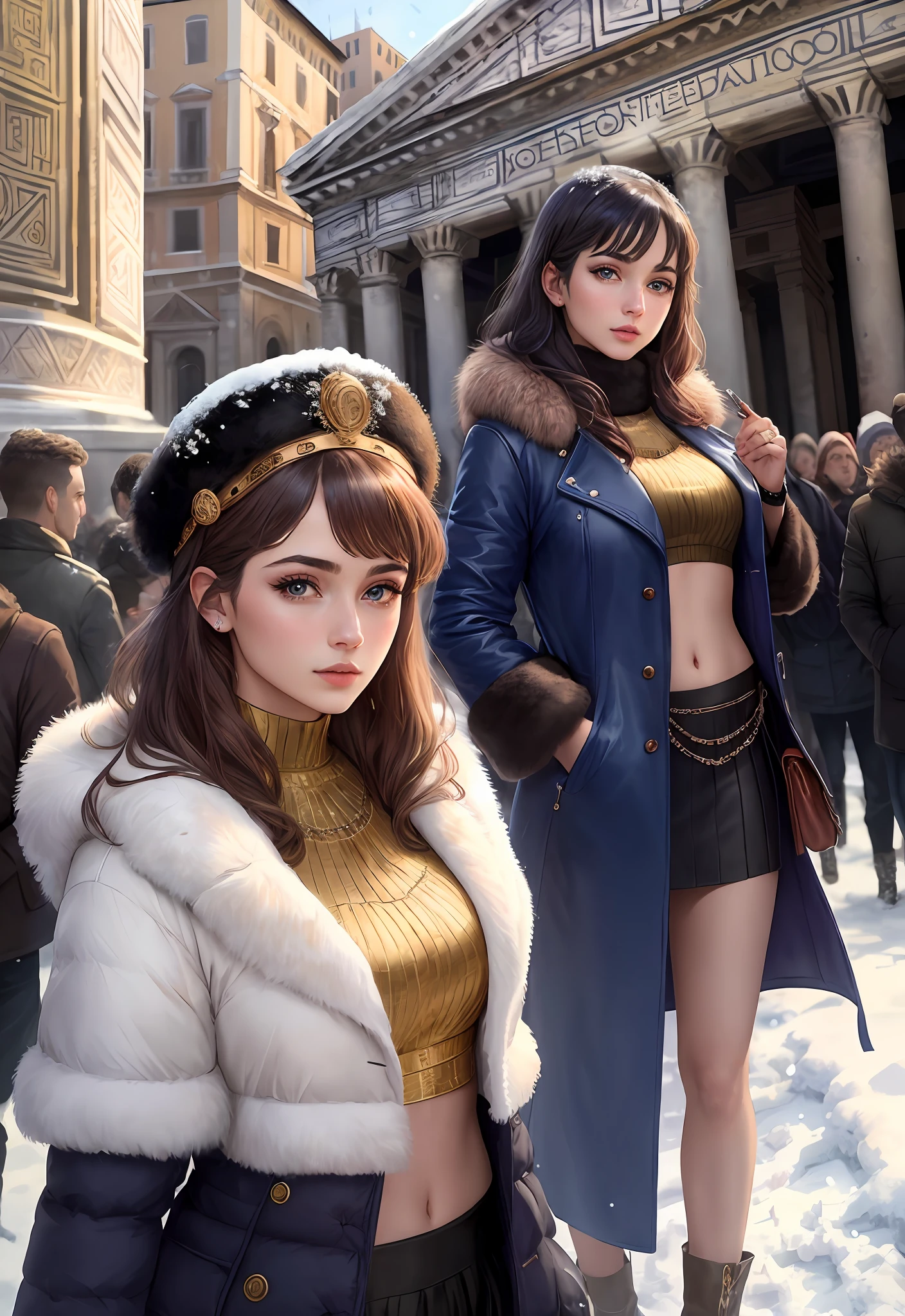 (Positive focus, Original photo), (2girls,duo,navel,Enter the Pantheon in Rome,crowd,winter,Snowy),Surrealistic Female Portraits by David Hockney and Alphonse Mucha, Fantasy art,Wear gorgeous furs, (Blue pupil: 1.4, shiny pupils: 1.4, Big eyes: 1.1), Photo fidelity, Dynamic lighting, Art Station, poster for, voluminetric lighting, Very detailed face, 4K, Award-winning, Shadows, understated, (official outfit: 1.4, Gorgeous fur, Complex clothing, Furs), Looking at the camera, Bust Up Shot, (Realistic face)),
