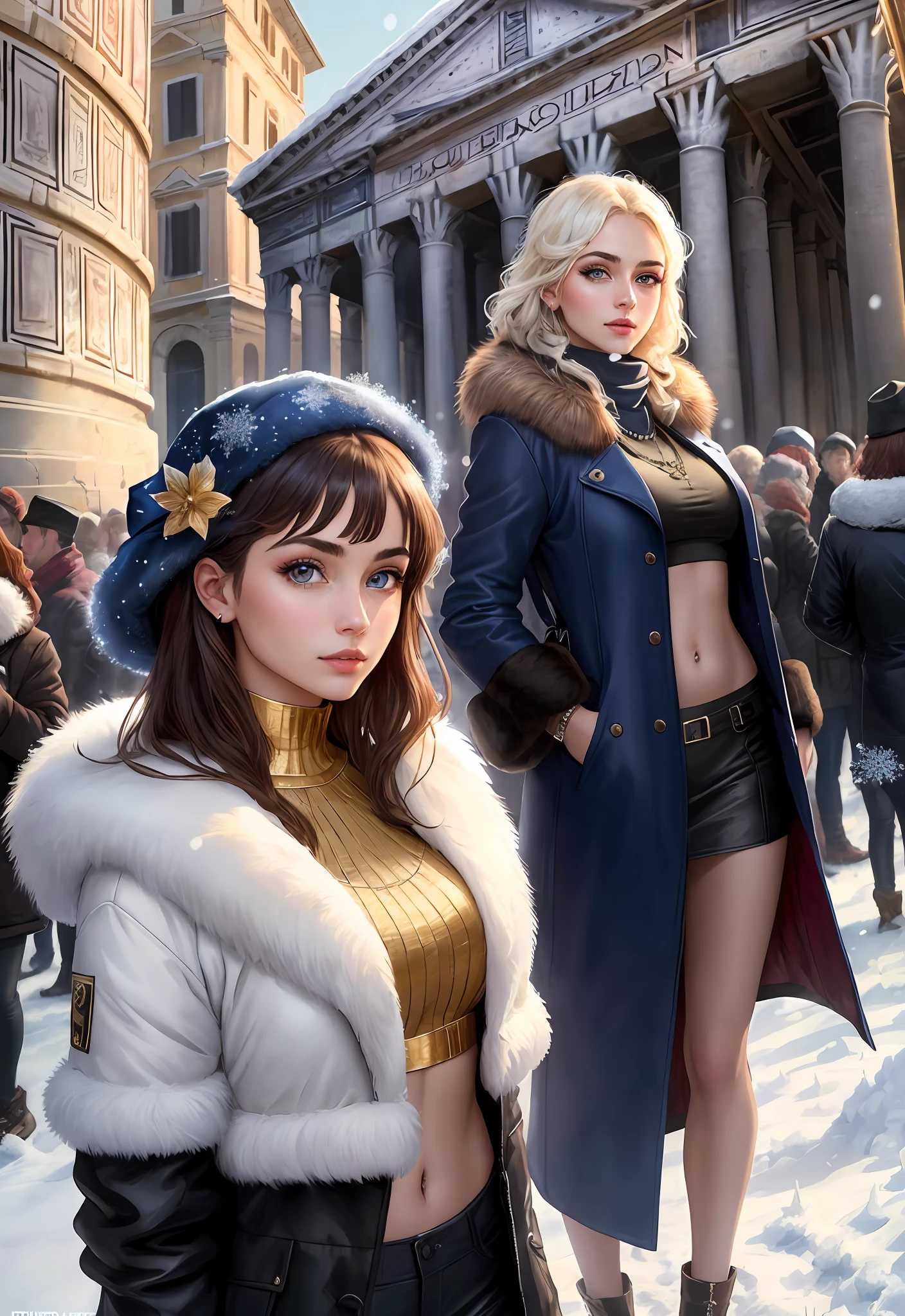 (Positive focus, Original photo), (2girls,duo,navel,Enter the Pantheon in Rome,crowd,winter,Snowy),Surrealistic Female Portraits by David Hockney and Alphonse Mucha, Fantasy art,Wear gorgeous furs, (Blue pupil: 1.4, shiny pupils: 1.4, Big eyes: 1.1), Photo fidelity, Dynamic lighting, Art Station, poster for, voluminetric lighting, Very detailed face, 4K, Award-winning, Shadows, understated, (official outfit: 1.4, Gorgeous fur, Complex clothing, Furs), Looking at the camera, Bust Up Shot, (Realistic face)),