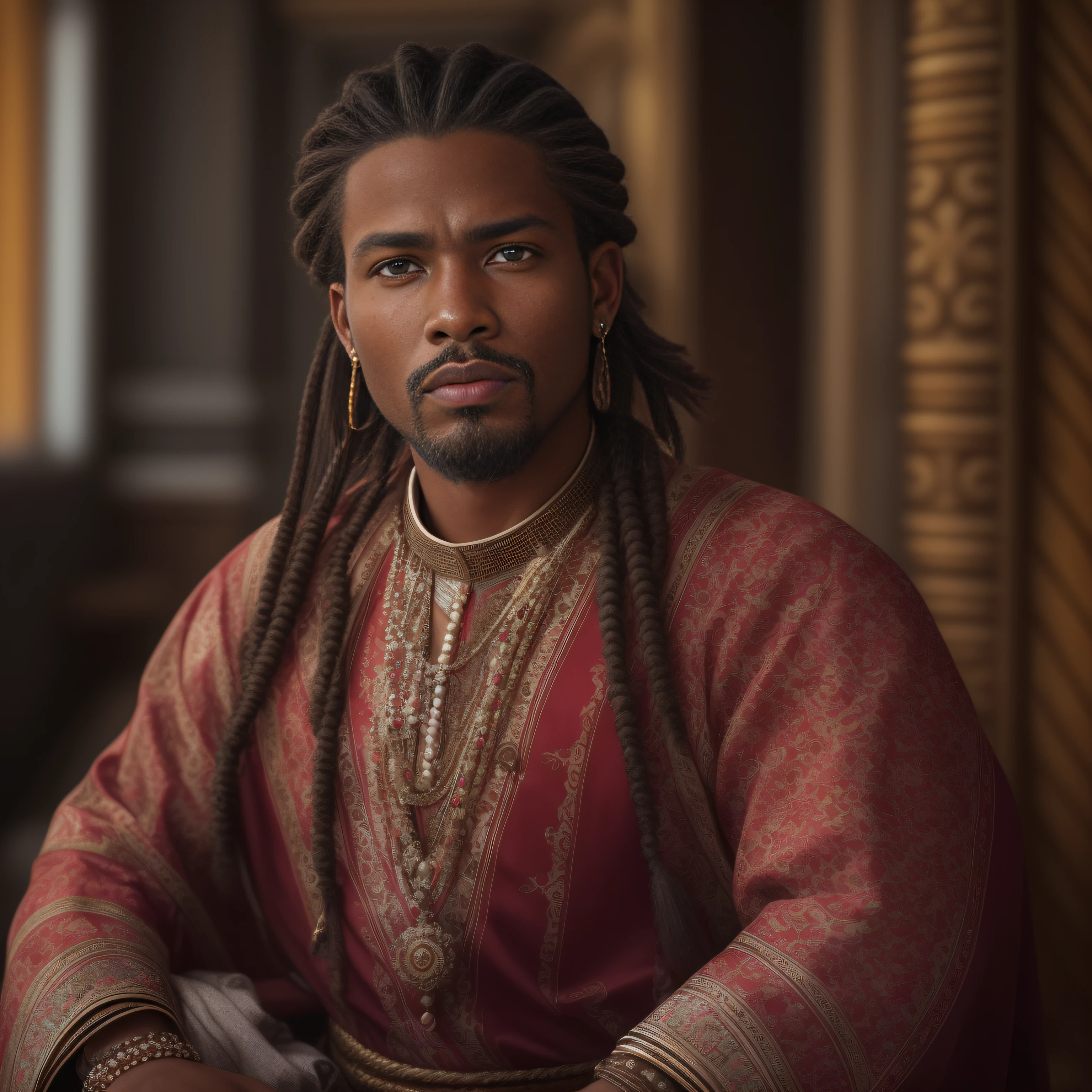 cinematic, photo, head and shoulder portrait photo, 1man, solo, malagasy nobleman, 28 years old, plump lips, long loose hair, dutch braids, short beard, long chin beard, serious, intense expression, athletic, rich regal traditional clothes, elaborate, intricate decorations, in a palace, Canon EOS 5D Mark IV, historical, fantasy, hyper detailed, accurate textures, realistic, skin pores
