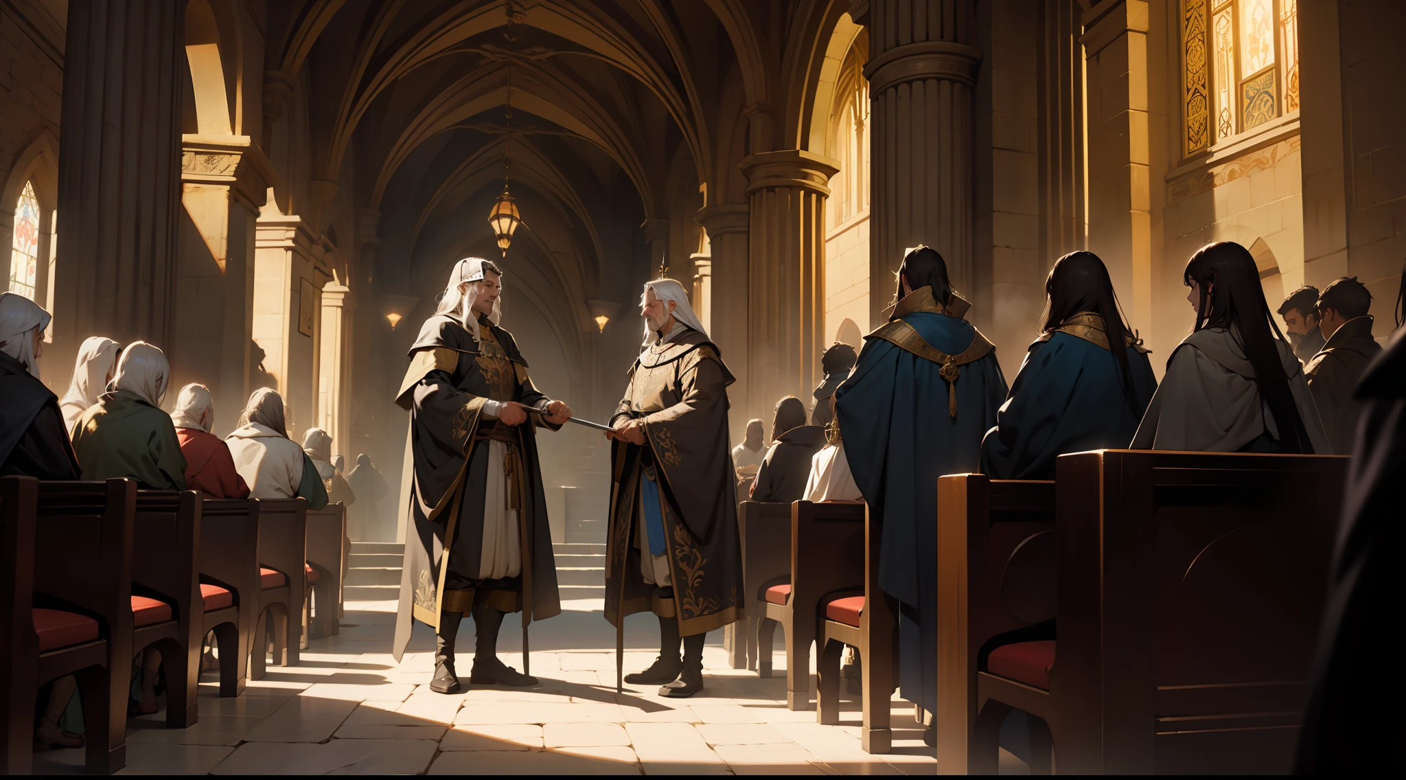 medieval king performing knighting ceremony, majestic atmosphere, elaborate medieval costumes and props, dramatic lighting and shadows