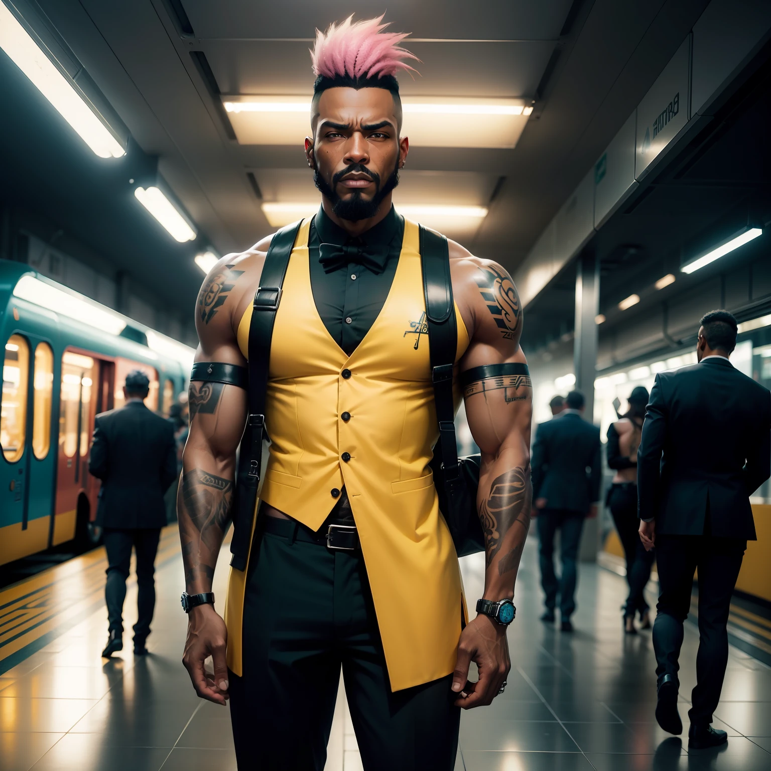 gostaria de uma imagem estilo cyberpunk em 4k de um homem de mais ou menos 50 anos ,portanto,portanto,africano, forte, musculoso,Bodybillder,muito forte de pele negra ,barba grande,barba, Estiloso Barbon,com cabelo punk estilo anos 80 na cor amarelo e cinza escuro,muito eLegante,, futurista e estiloso neon , com uma tatuagem super colorida e com neon ,Toattoo, facing a metro station on the platform , with station lights failing in a dimly lit environment, standing dressed in a dark yellow suit with a pink bow tie and baggy shirt.