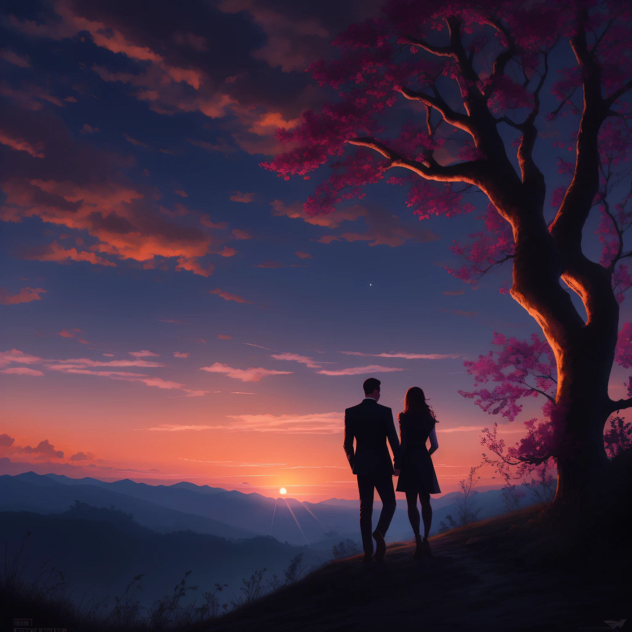 fazer a silueta de um casal de namorados, no alto de um monte, a noite chegando e com o sol se pondo ao fundo, The streaks promise to shine in the sky, cinematic picture, striking light effects with the last rays of the setting sun, pintura super realista, 8k, obra prima.