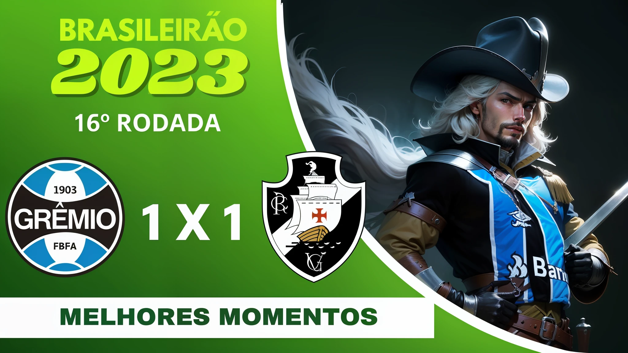 Version of a musketeer in the colors of the logo