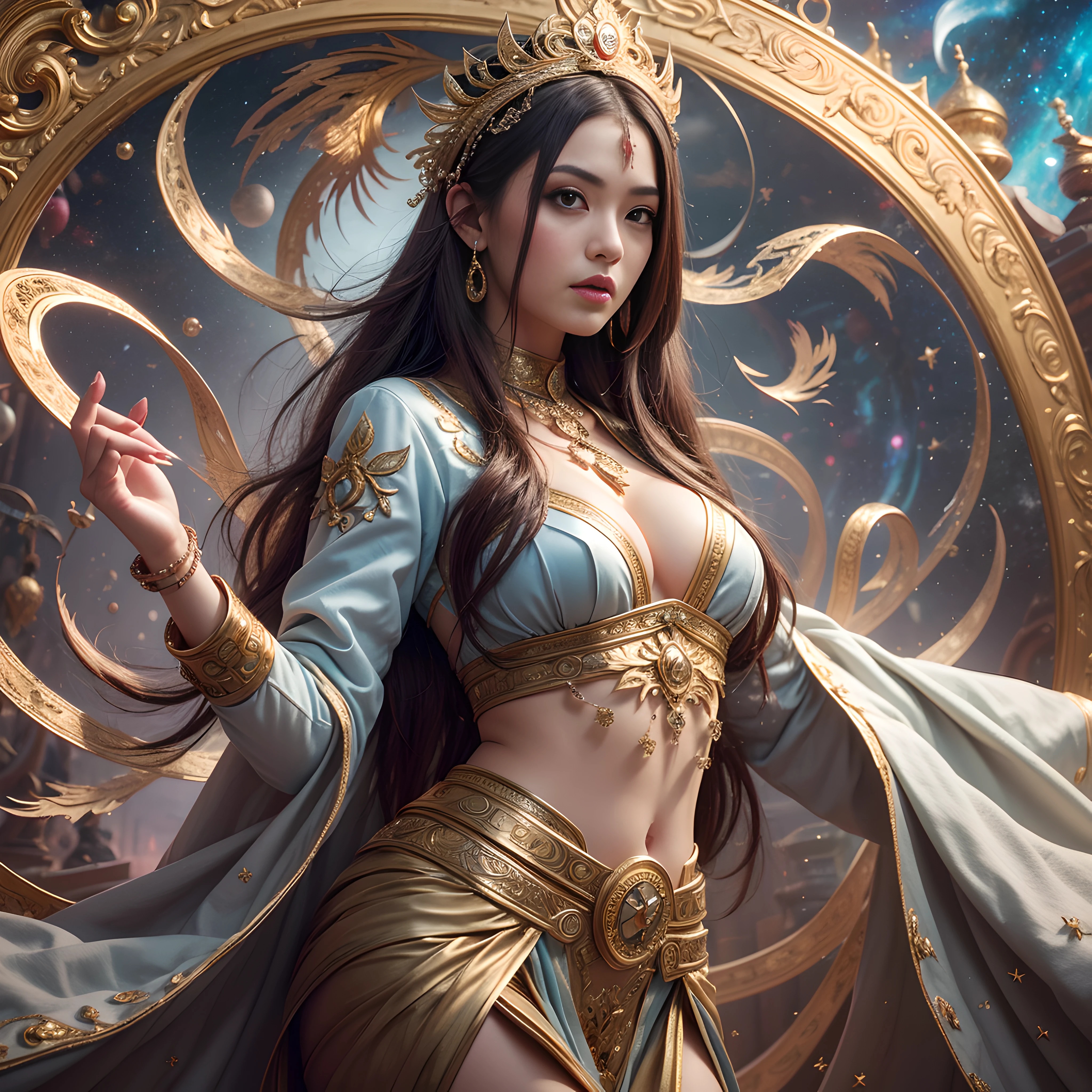 ((Best Quality)), ((Masterpiece)), (Very Detailed:1.3), (photorealistic:1.4), Mongolian Elements Gallery Lots of details Steam age, time, space, magic, fantasy, costume beauty, beautiful woman with perfect figure, double eyelids, metal