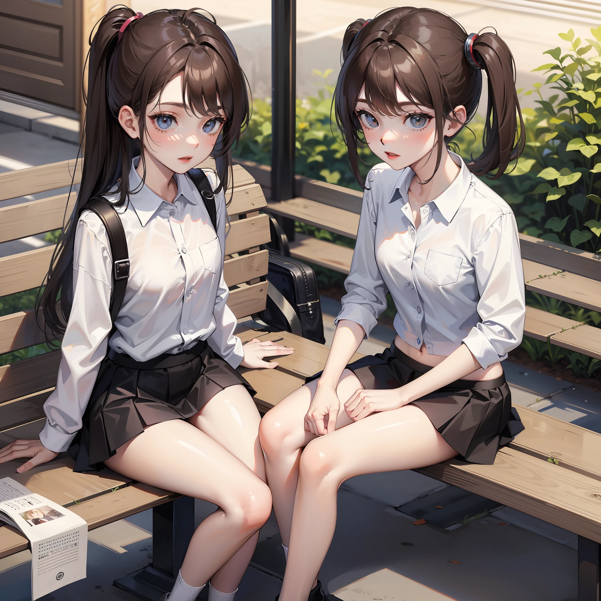 Girl in mini skirt sitting on bench、Underwear is visible、White underwear
