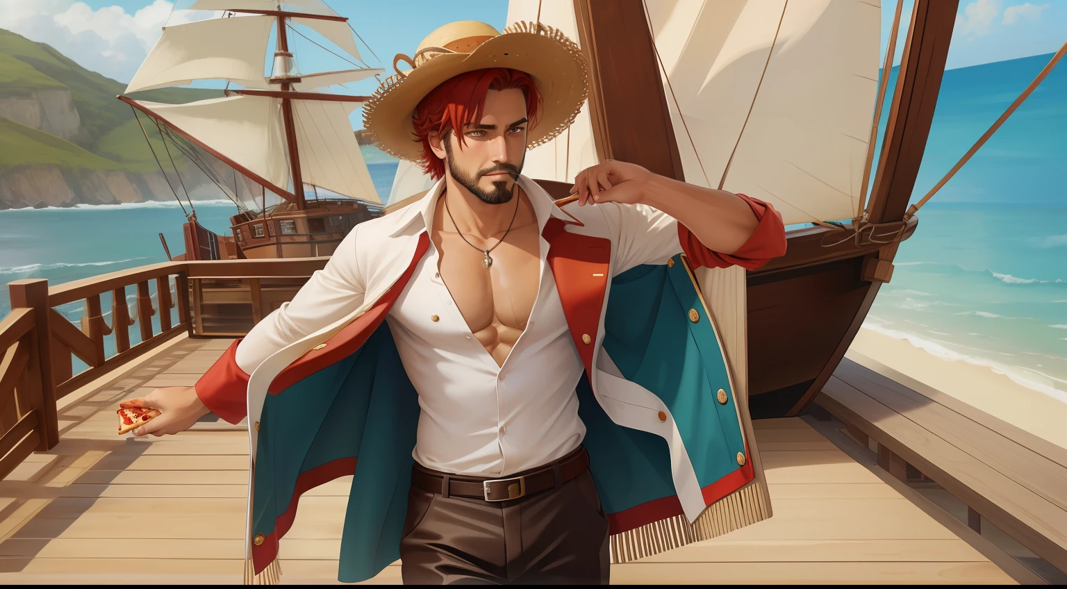 (masterpiece, best quality), intricate details,
1boy, man, red hair, straw hat, Shnks, shanks \(one piece\), scar on face, short hair, shirt, white shirt, male focus, open clothes, collared shirt, pants, cape, coat, open shirt, facial hair, scar, sandals, pectorals, partially unbuttoned, pectoral cleavage, coat on shoulders, nature, scenery, upper body, straw hat,
eating pizza, (pepperoni pizza:1.3), BREAK pirate ship, wooden deck, ocean, ship mast, ship railing, ropes, sails,