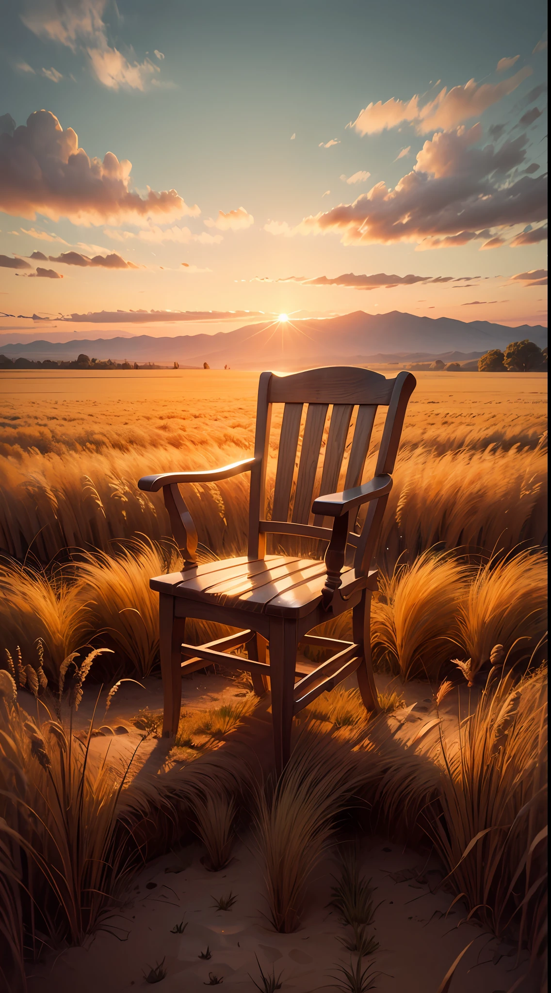 A wooden chair with a bow hat on the chair, no meio de um campo de trigo, por do sol, cores alaranjadas, best illustration,