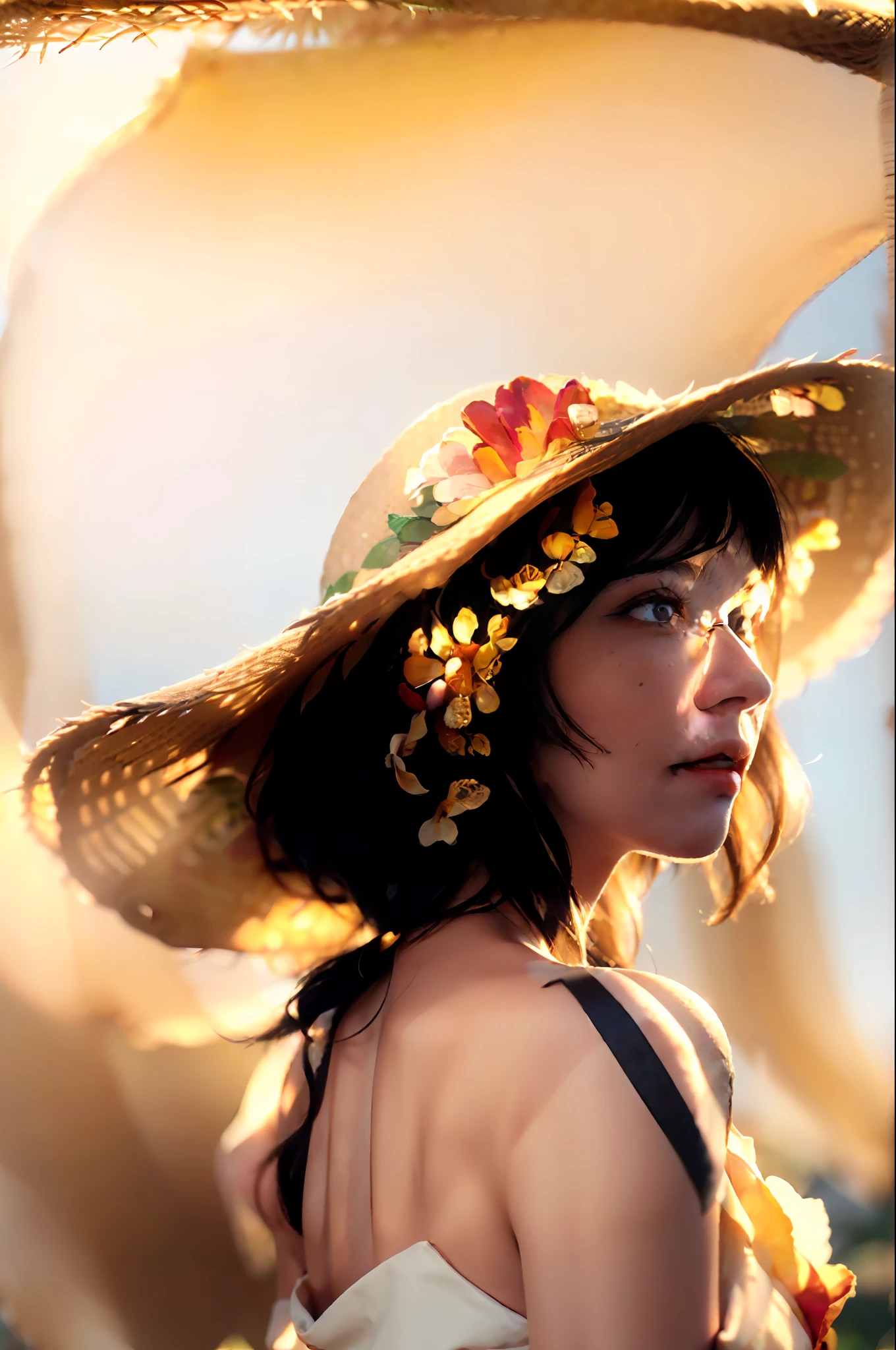 (extreme close up:1.5), (face focus:2),(Style of ???? ???:1.5),
((side face:2)),(1girl surrounded by soft_light:1.5), (backlighting:1.8), (lighting),(flowing fabric:1.3), ((Floral_summer_dress:1.5),(Straw_hat:1.3)),
(masterpiece), realistic, HDR, highly detailed, 8k, raw photo,
ambient occlusion, natural, harmonious composition, warm tones, fine art photography,
