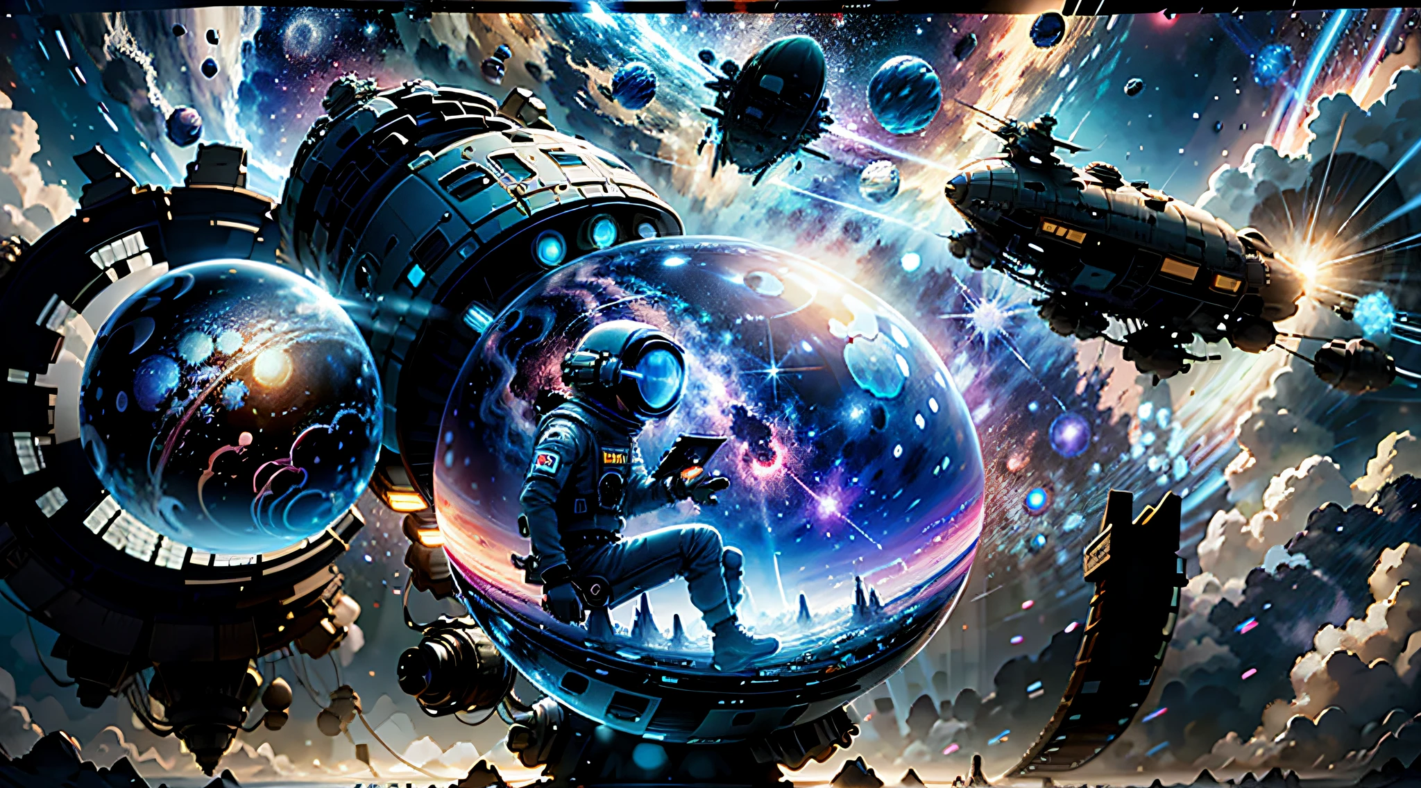 Astronaut in outer space floating in a bubble with two astronauts, astronaut lost in liminal space, stunning digital illustration, astronauta encalhado no planeta, sci-fi digital art illustration, obra-prima de beeple, beeple e tim hildebrandt, lonely astronaut, arte de beeple, artgem e obra-prima de beeple, por Mike "Beeple" Winkelmann, space with all the planets blue and pink color with background of bright white stars in the style of Miyazaki, —ar 21:9