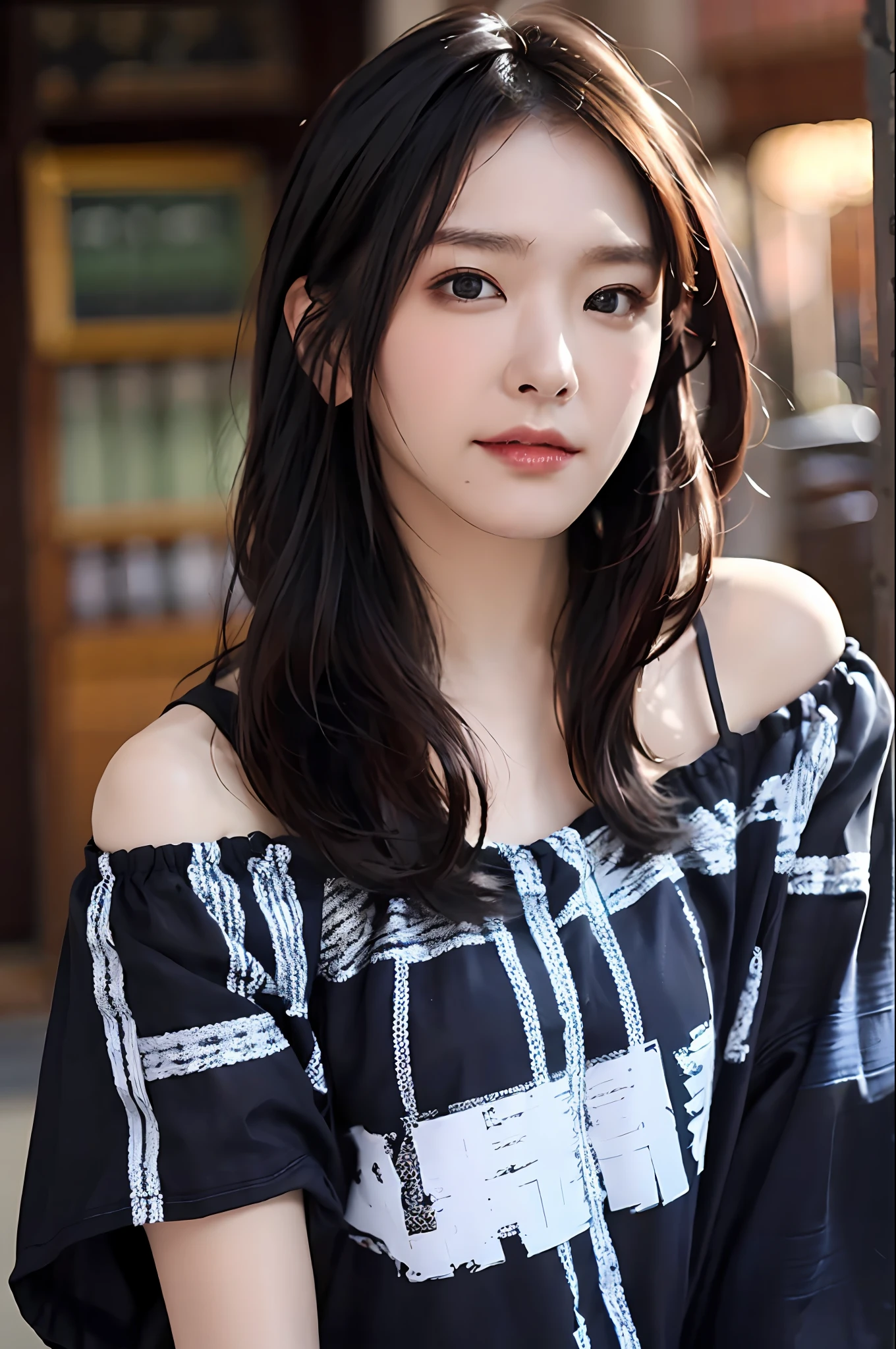 best qualtiy, tmasterpiece, 超高分辨率, (realisticlying:1.4),A picture,Light chasing, 1girll,Loose hair,adolable,18yr old,Confused,(aggrieved look),Eyes are confused,The sheen,The mouth is slightly open,Light chasing, in the darkness nigth, deep shading, low tune,cropped shoulders,Dress