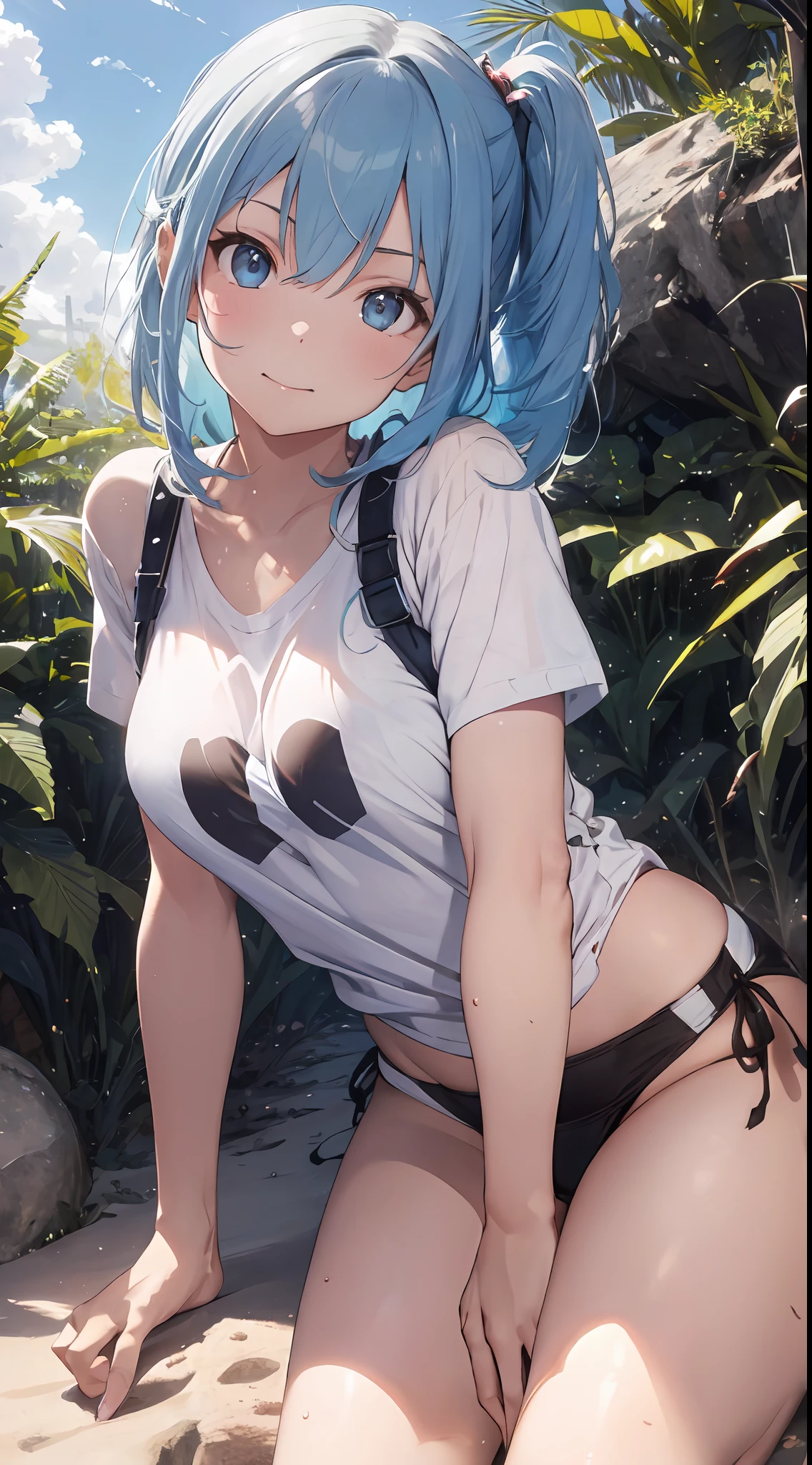 (NSFW:1.2), (8K, Raw photography, Top image quality, masterpiece: 1.4), The ultra -The high-definition, (realisitic, Photorealsitic: 1.48), 1girl in, Solo Focus, type moon style, Kyoto Animation Style, short-length hair, (blue hairs:1.7), Blunt bangs, hair between eye, Clear eyes, side locks, White hair, Shiny hair, beautiful detailed cold face, Seductive smile, angry, complex details beautiful and delicate eyes, Bare_shoulders, Small_breasts, Gray eyes, White skin, Hair Ornament, (((T-shirt))), swim ring, Swimsuit, beautiful bare back, Sandals, Skindentation, 鎖骨, Bare_Legs, Beach, Beautiful detailed sky, White sand, tree, very precise details, absurderes, Extremely detailed, 16k wallpaper,remrezero,