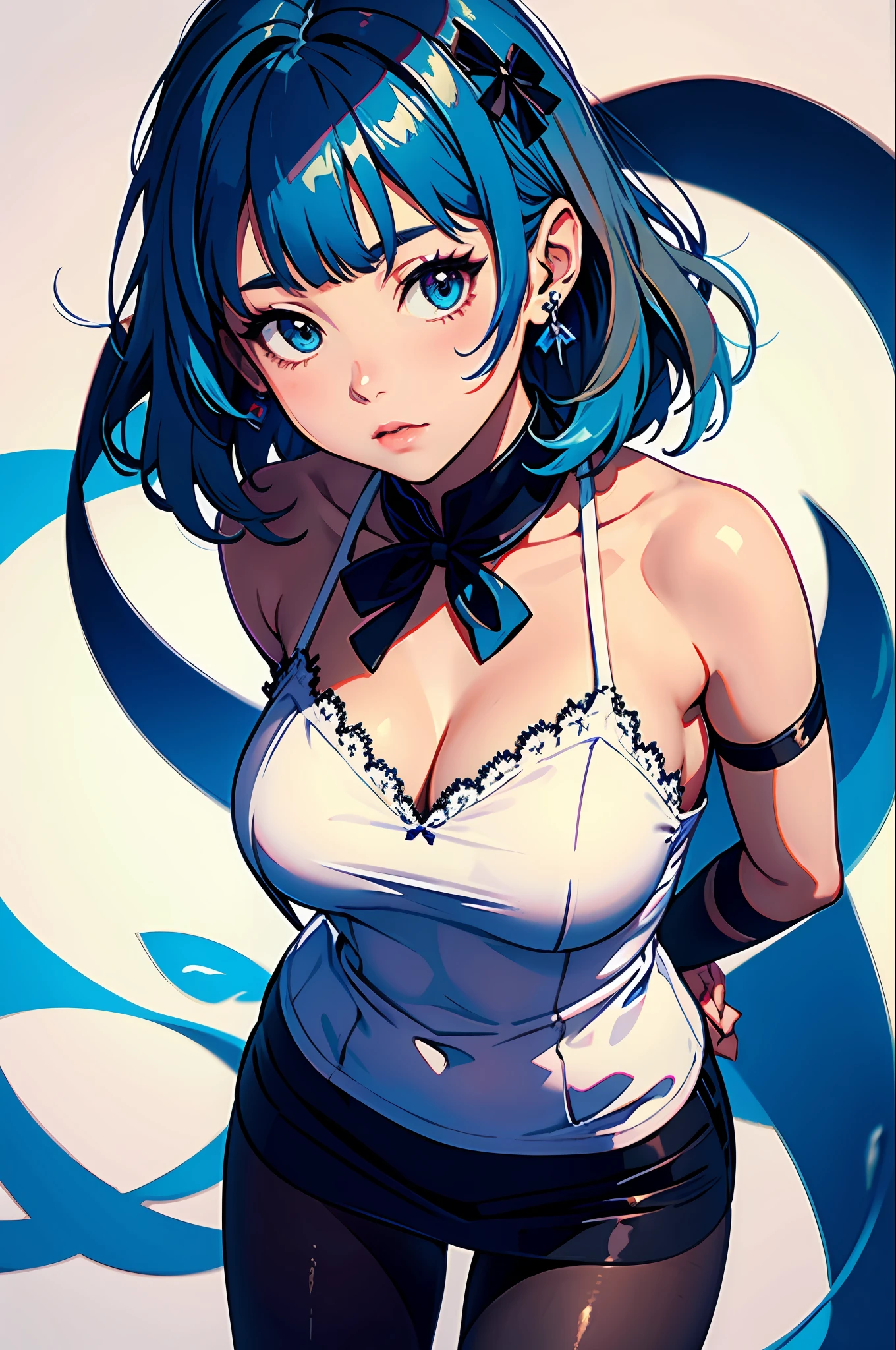 (blue hair),masterpiece,best quality,bare shoulders, 1 girl,looking at viewer,black stockings,Ribbon, bow, pantyhose,white Simple background,Single_earrin,blunt bangs,miniskirt,(arms behind back),