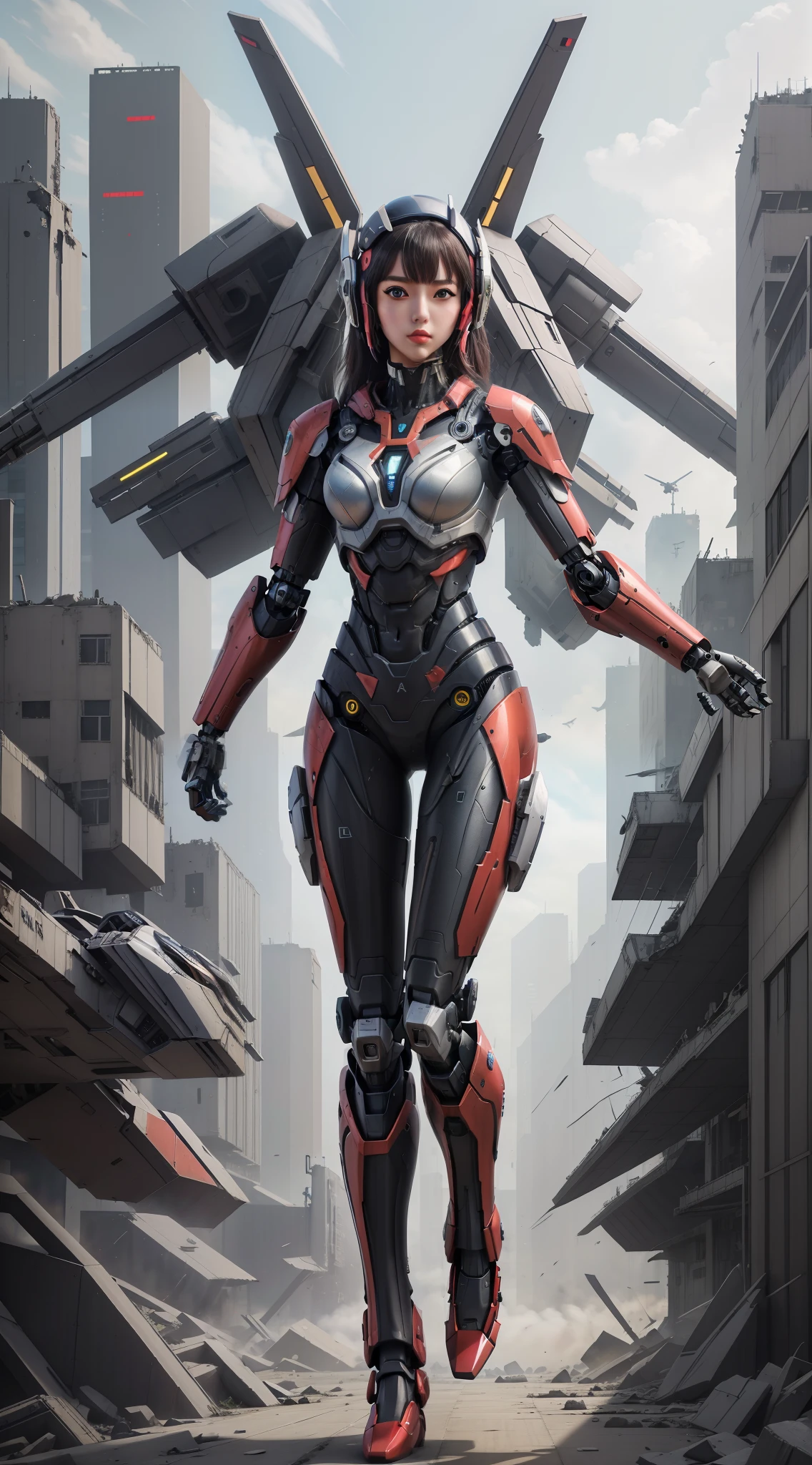 best quality, ultra high res,Mecha Anime Style Girl, Mecha Style suit, Cyberpunk Suit,Ferocious Eyes,In Futuristic City,Full Body Portrait, full-body shot,((1girl)), detailed face, detailed eyes, fit body girl style apperance, dynamic pose, (background of apocalypticCybercity destroyed city architecture)