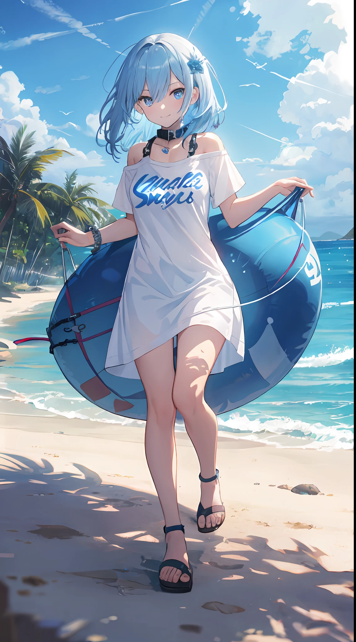 (NSFW:1.2), (8K, Raw photography, Top image quality, A masterpice: 1.4), super highly detailed, (Realstic, photorealestic: 1.48), 1girls, Solo Focus, type moon style, Kyoto Animation Style, short-length hair, (blue hairs:1.7), Blunt bangs, Hair Between Eyes, Clear eyes, side locks, White hair, Shiny hair, beautiful detailed cold face, Seductive smile, Angry, complex details beautiful and delicate eyes, Bare_Shoulders, Small_Breasts, Gray eyes, White skin, Hair Ornament, (((T-shirt))), swim ring, swimsuit, beautiful bare back, Sandals, Skindentation, collar bone, Bare_Legs, beach, Beautiful detailed sky, White sand, tree, very precise details, absurdist, Extremely detailed, 16k wallpaper,remrezero
