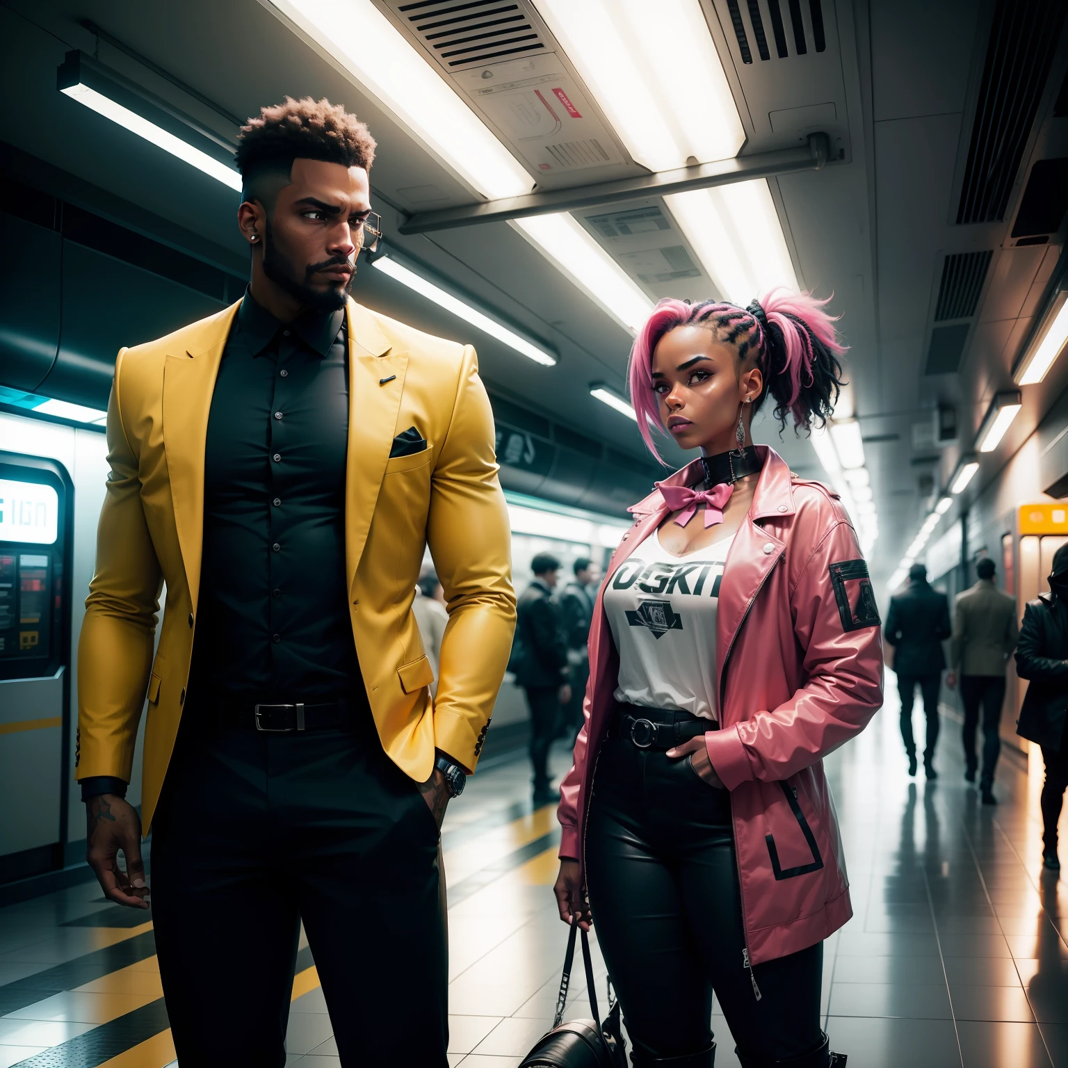 I'd like a cyberpunk style image in 4k average photo of two black characters ,homem e mulher ,portanto,africano, forte, musculoso,Bodybillder,muito forte de pele negra ,barba grande,barba, Estiloso Barbon,com cabelo punk estilo anos 80 na cor amarelo e cinza escuro,muito eLegante,, futurista e estiloso neon , com uma tatuagem super colorida e com neon ,Toattoo, facing a metro station on the platform , with station lights failing in a dimly lit environment, standing dressed in a dark yellow suit with a pink bow tie and baggy shirt.