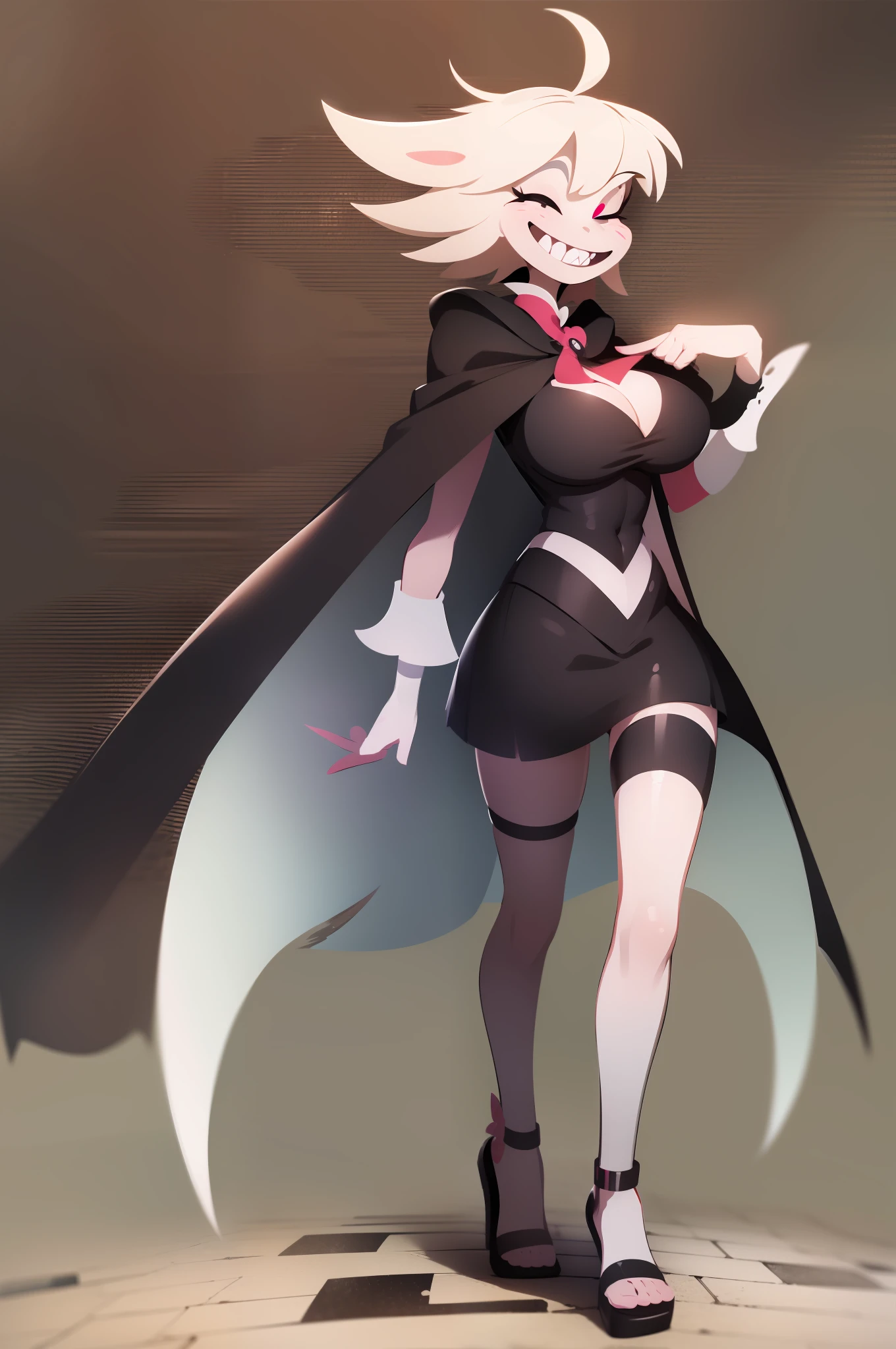 Angel Dust, hazbin hotel style, ?????, big breast, alone, flip flops, walking, smug, sharpteeth, smile, cape scarf, full body, portrait