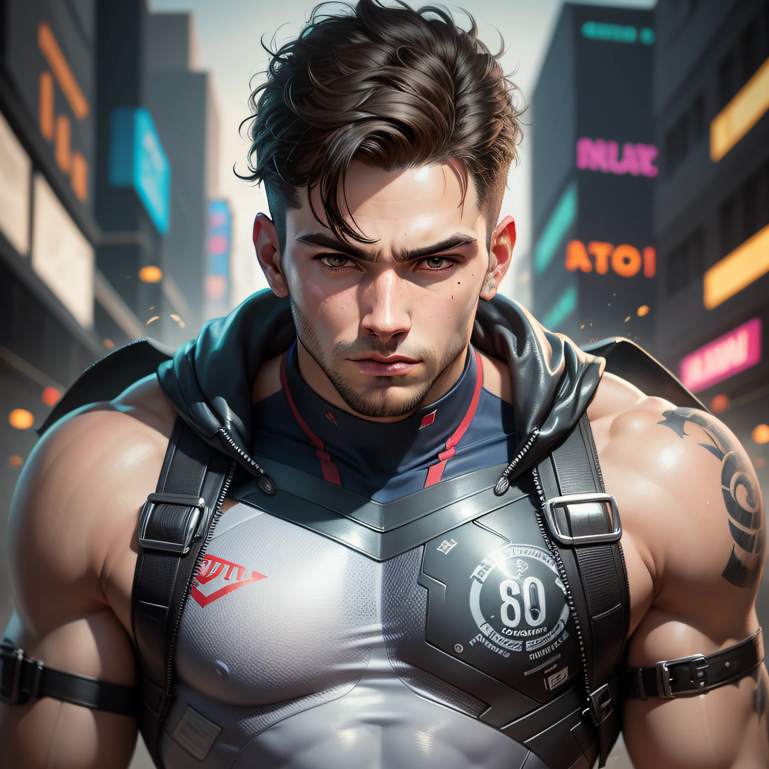 homem branco, corpo atletico, 20 anos, estilo cyberpunk, olhar intimidador, ultra realista