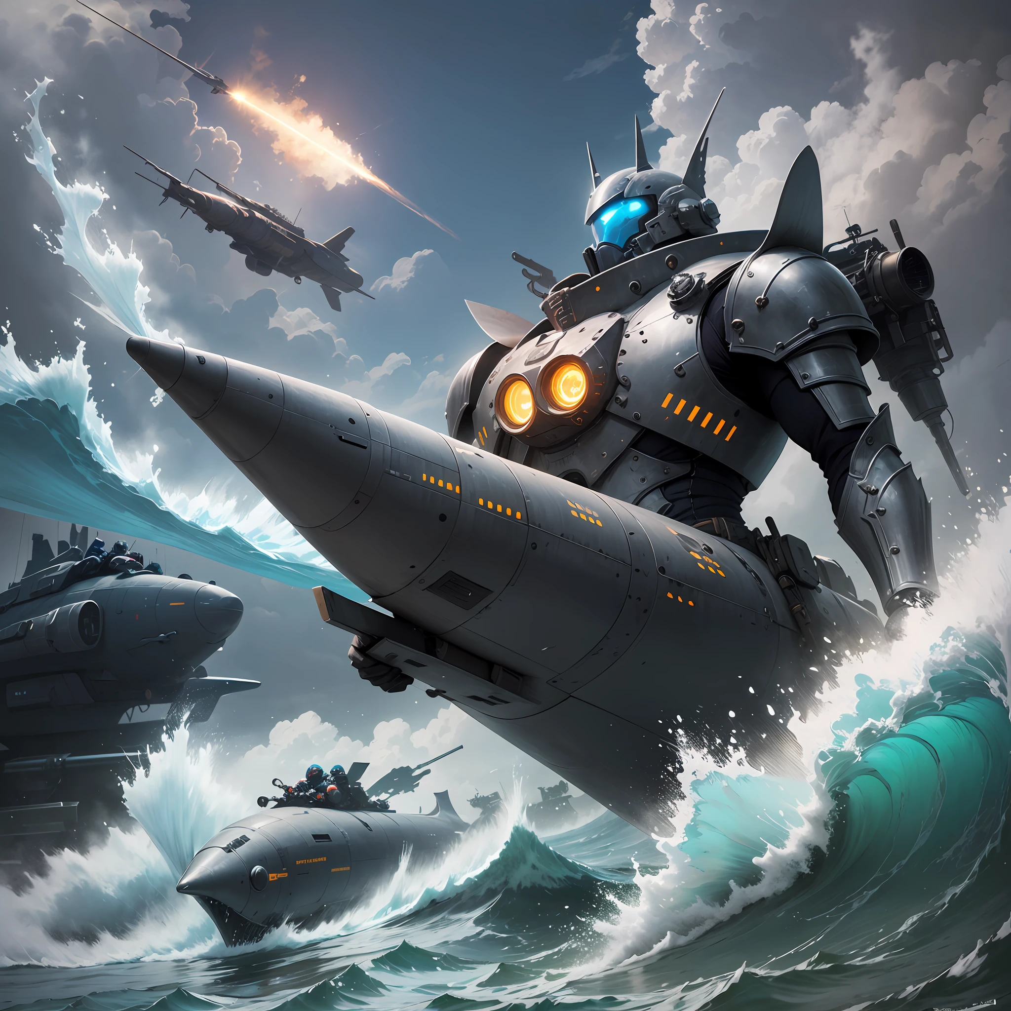 battle submarine, in an aquatic universe, carrying heavy weapons. Characters (all dressed in futuristic and modern armor) appear in an attack position. --auto --s2