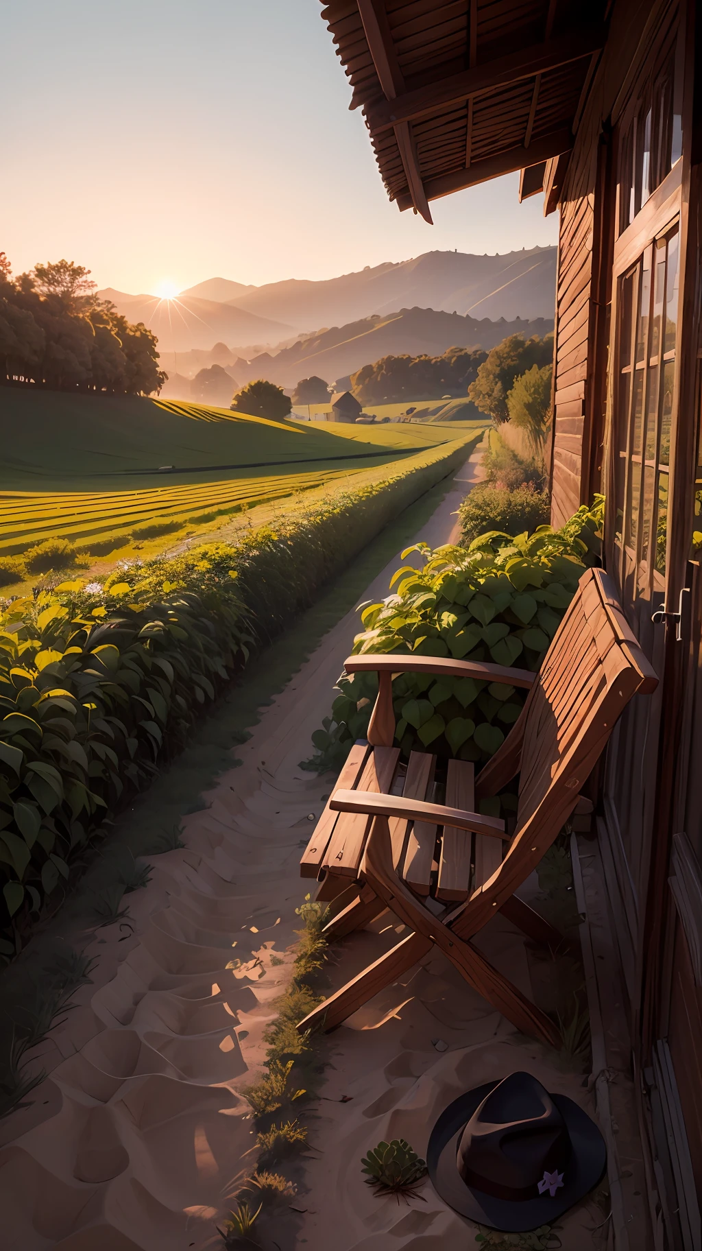 A wooden chair with a bow hat on the chair, no meio de um campo de trigo, por do sol, cores alaranjadas, best illustration,