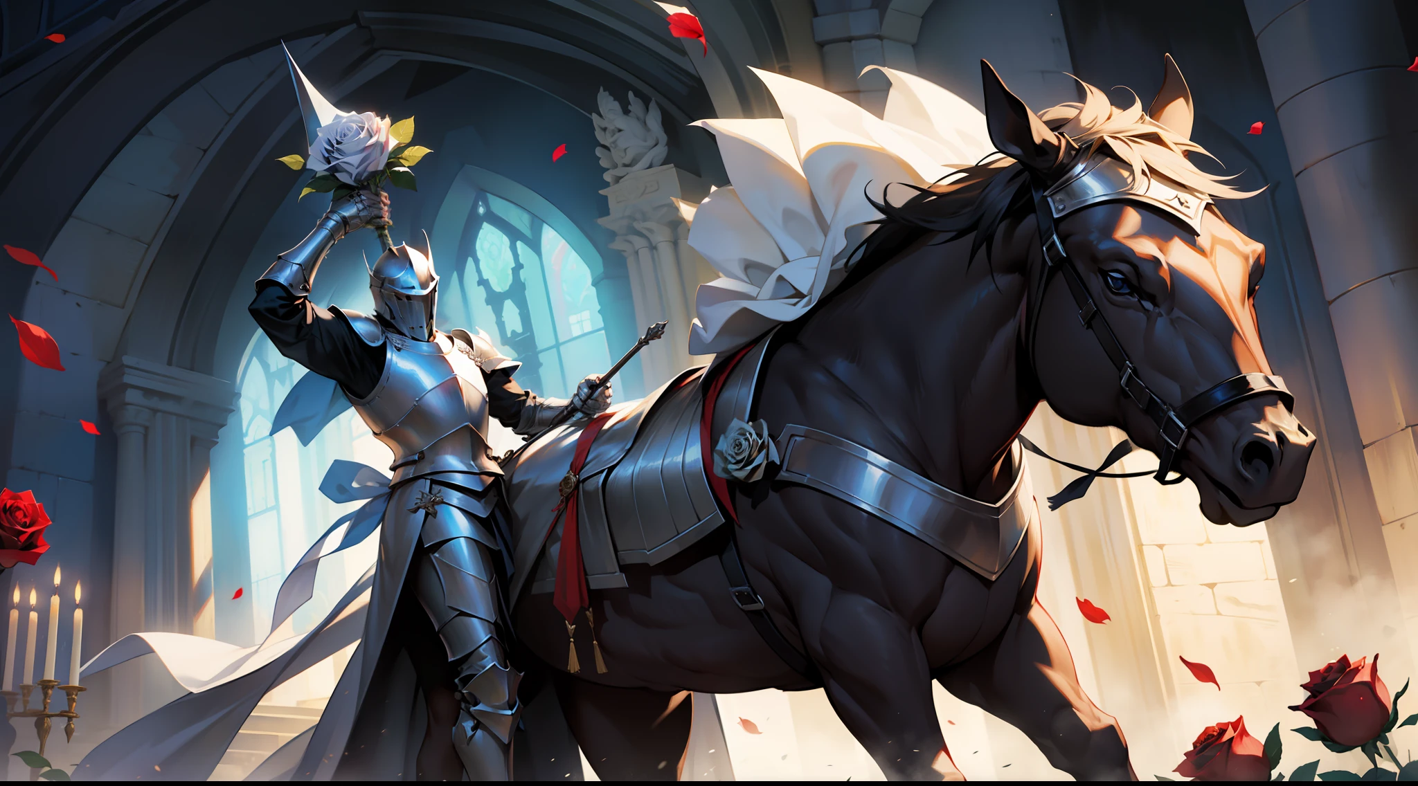 (a knight in shining armor holding a rose with a graceful pose)