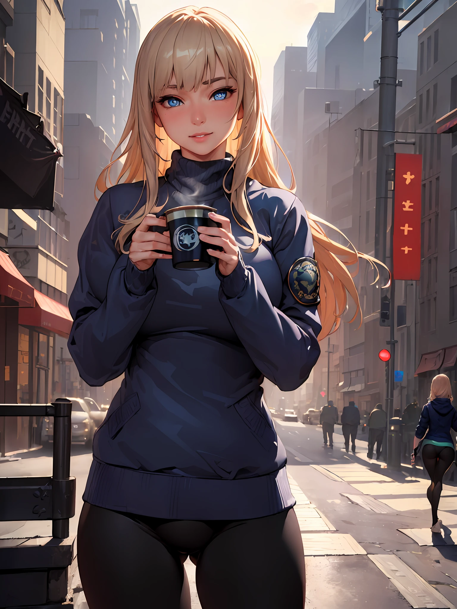 (masterpiece, best quality:1.4), (modern days), (cowboy shot), 1girl, solo, pov, sfw,
stunning girlfriend, (standing:1.1), dynamic pose, (white oversized sweater, knit sweater:1.4), (tight yoga pants, dark grey yoga pants:1.4), (short navy blue jacket, denim jacket:1.4), long blonde hair, swept bangs, heart shaped face, elegant face, beautiful face, highly detailed face, highly detailed skin, skin pores, subsurface scattering, (detailed blue eyes), realistic pupils, large breast, loving smile, looking at viewer, full face blush, full lips, holding a single coffee cup, centered,
coffee shop in background, city street, sunny day, wind, detailed background, depth of field, atmospheric perspective, volumetric lighting, sharp focus,(trending in artstation, stanley artgerm lau cinematic wallpaper, wlop, rossdraws, james jean, andrei riabovitchev, marc simonetti, yoshitaka amano. james jean and gustav klimt background, julie bell light, porcelain skin, zdislaw beksinski style, dynamic lighting,)
absurdres, realistic proportions, good anatomy, (realistic, hyperrealistic:1.4), 16k hdr,