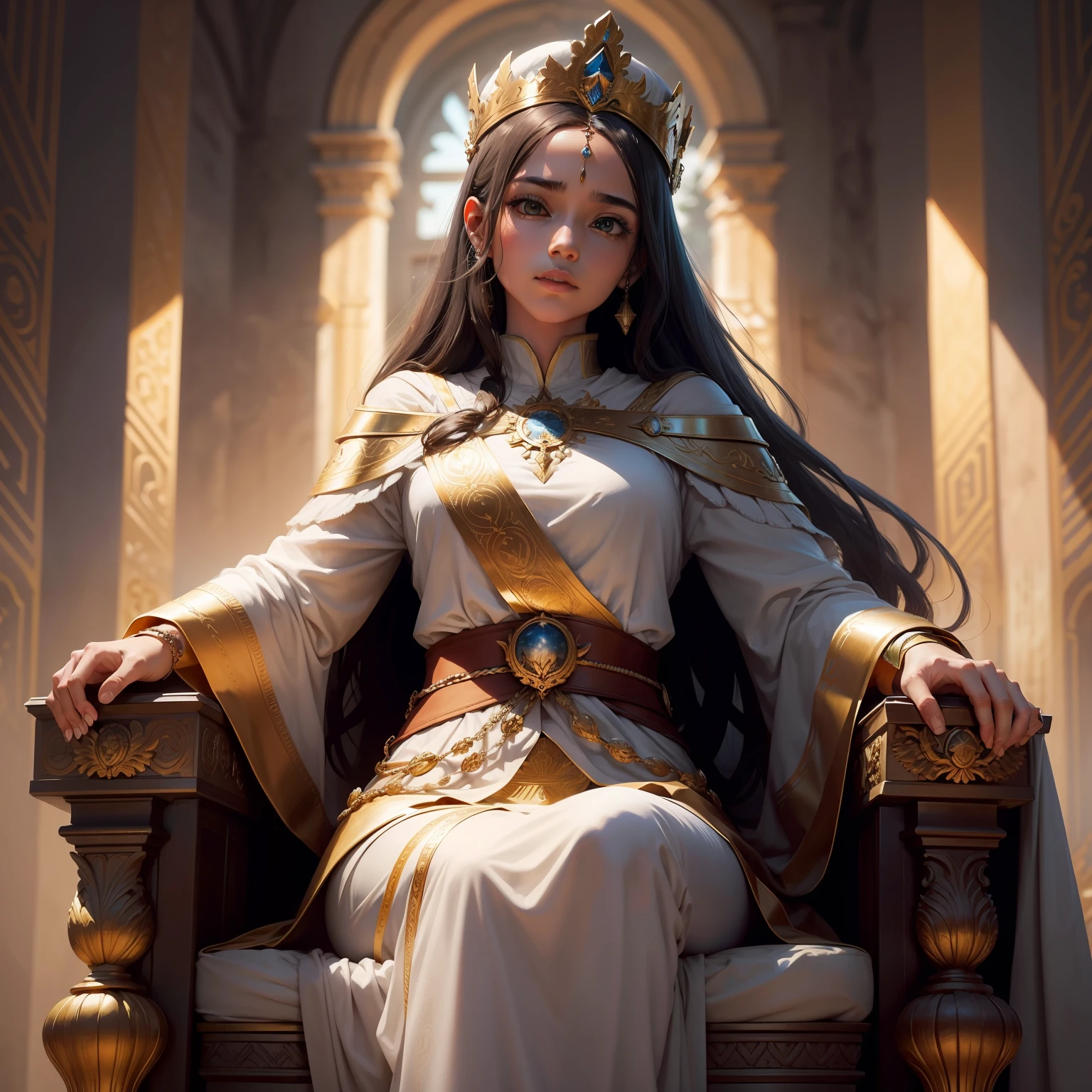 "Crie uma imagem majestosa de um poderoso rei, sentado em seu trono adornado com ouro e joias preciosas, with a vast empire stretching as far as the eye can see, symbolizing their supremacy and governance over countless lands."