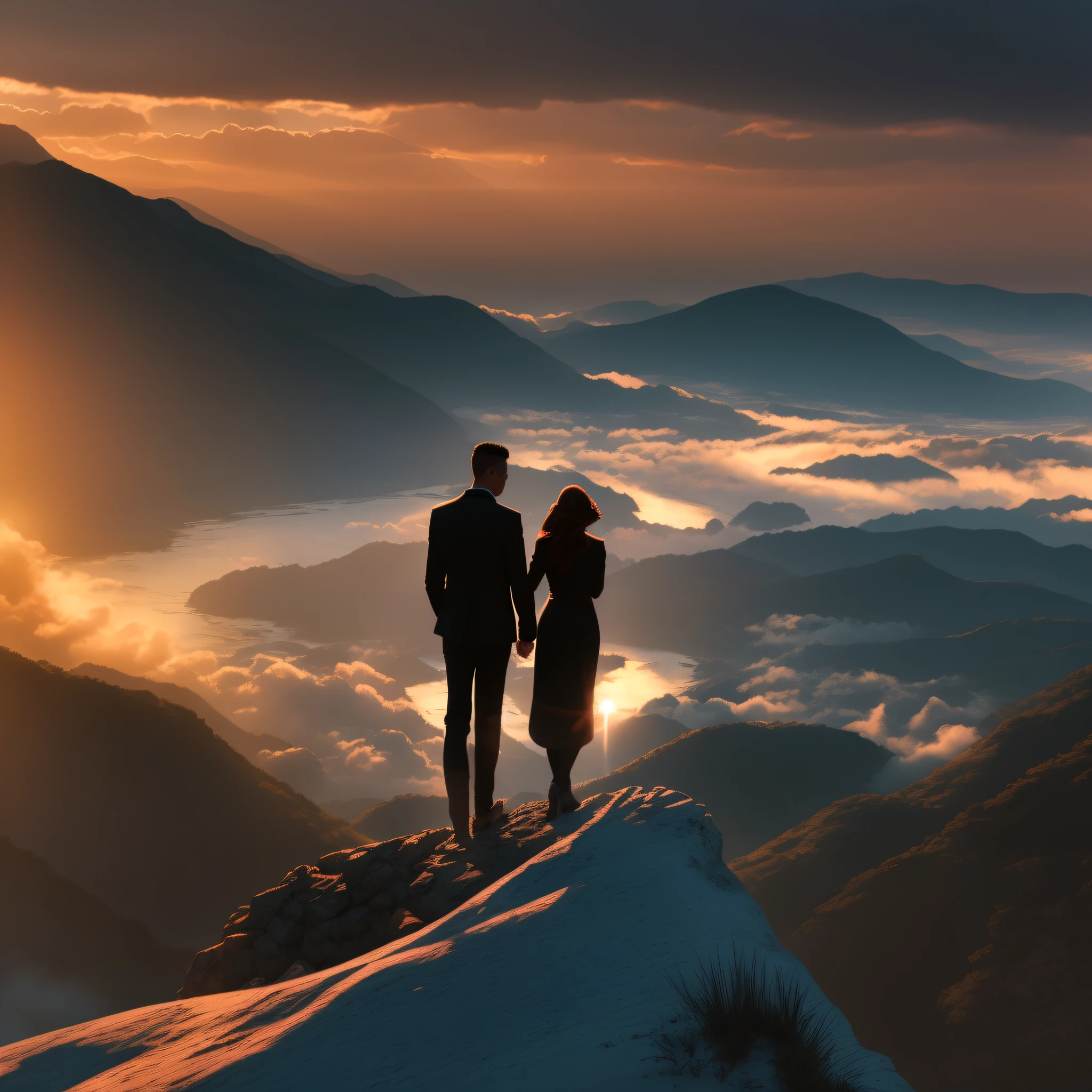 fazer a silueta de um casal de namorados, no alto de um monte com o sol se pondo ao fundo, cinematic picture, efeitos luminosos marcantes com os raios do sol poente, super realista, 8k, obra prima.
