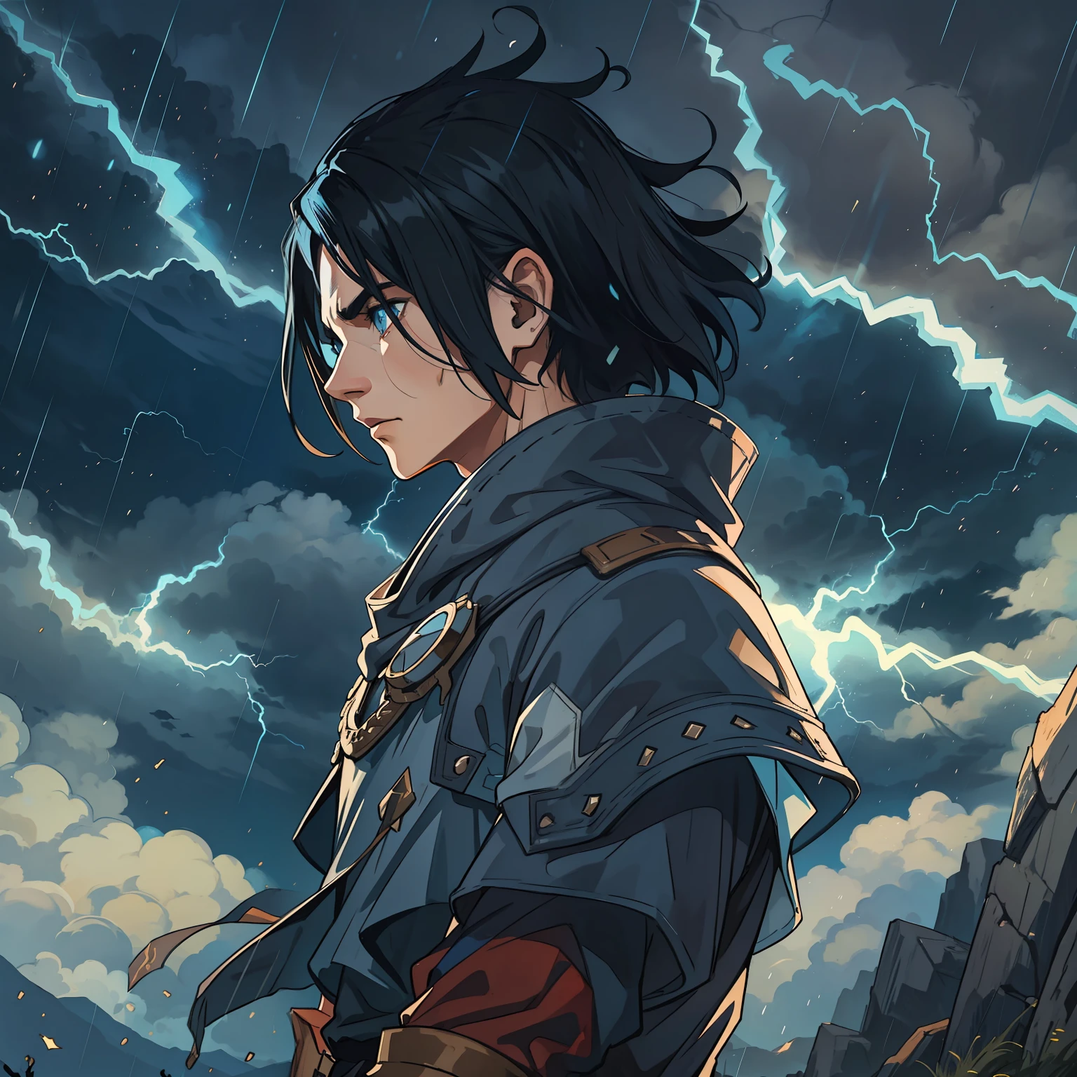 A handsome young man with blue eyes and medium-sized black hair, like an ear-length haircut, cut with hair equal to that of the Itachi Uchiha, but with the side of his hair shaved, this young man is a warrior, he wears a battle suit and is in the middle of a storm, on top of a mountain, like a prince of thunder, the sky illuminated by lightning in the storm, electricity by his thunder magic body he is like a thunder god: Como Thor, He's a teenage warrior, magical dark sky, nuvens negras no meio de uma tempestade, water, Rain and Thunder An Art for an RPG A Medieval Art for an RPG