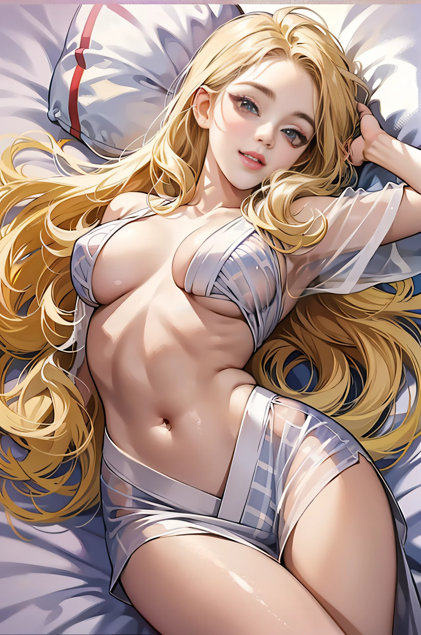 Attractive long blonde hair、Beautiful American woman at 34 years old、Grace Kelly、Double eyelids、tthin eyebrows、Joyful face、One white see-through yukata with no pattern that sticks to bare skin、No Underwear、very large breast、Legs wide open so that the inside of the thigh is visible、The color and shape of the tip of the chest is visible 、You can see the color and shape of the areola、Looks a lot of pubic hair、The entire chest shows through、Stretch your hands above your head、Lie down on the bed、