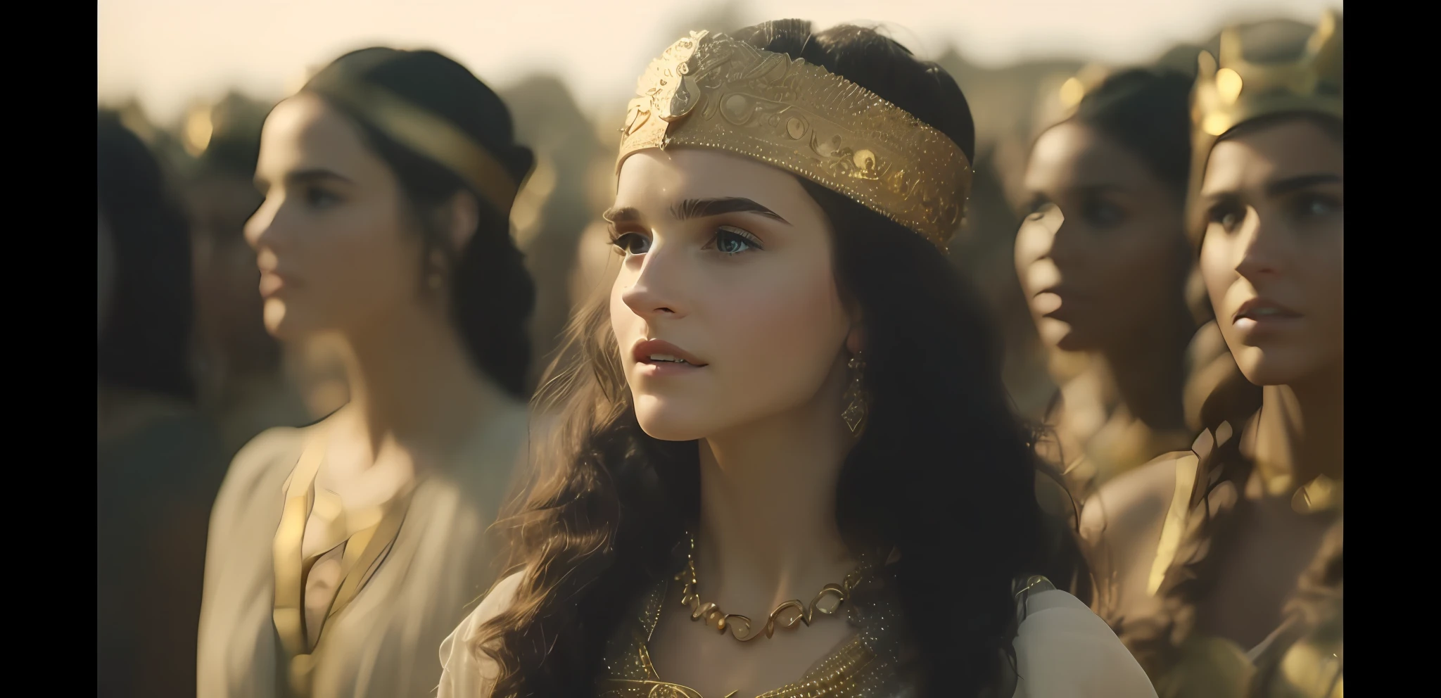 A European woman in a gold hat stands in front of other women, Ana de Armas como Joana D'Arc, Princesa Libu antiga, Jennifer Connelly como uma deslumbrante, black emma watson as egyptian, biblical epic movie, cinematic goddess close shot, Rei, cinematic goddess shot, Natalie Portman como uma deusa, A Deusa Hera parecendo irritada