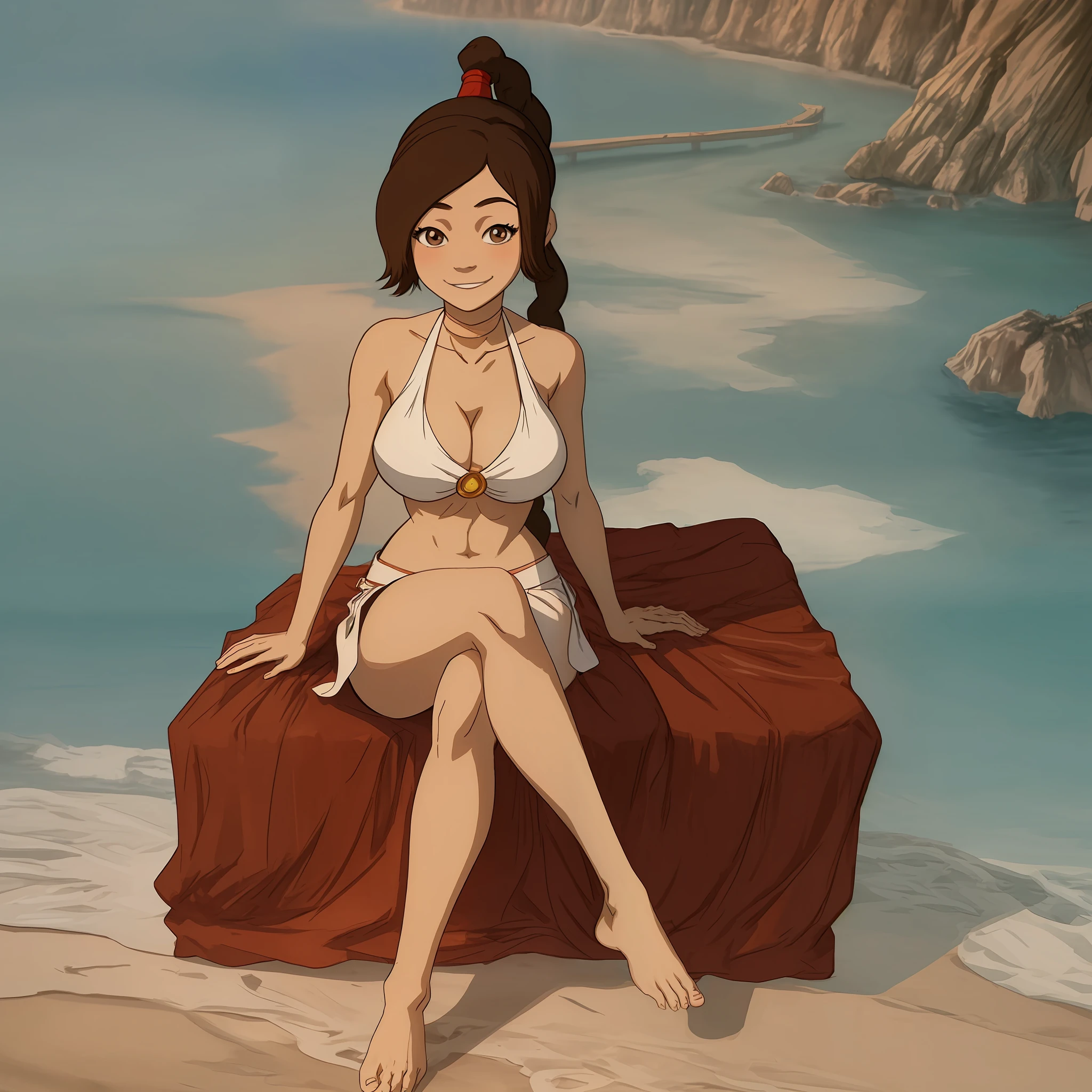 [Ty Lee_(Avatar_the_Last_Airbender)], ((masterpiece:1.4)), ((high res:1.4)), ((High definition)), ((detailed shading)), ((beautiful solo portrait)), ((full body)), ((anime girl)), (beautiful 3D art)), {attractive; (brown hair; long braided ponytail), (beautiful brown eyes), (happy smile), curvaceous hips, beautiful lips, abs, large boobs, (detailed leg muscles), (beautiful feet), (barefoot), (camel toe)}, {white bikini, red spandex shorts}, {(sitting on beach towel), (crossed legs)}, [background; beautiful beach, sunny]