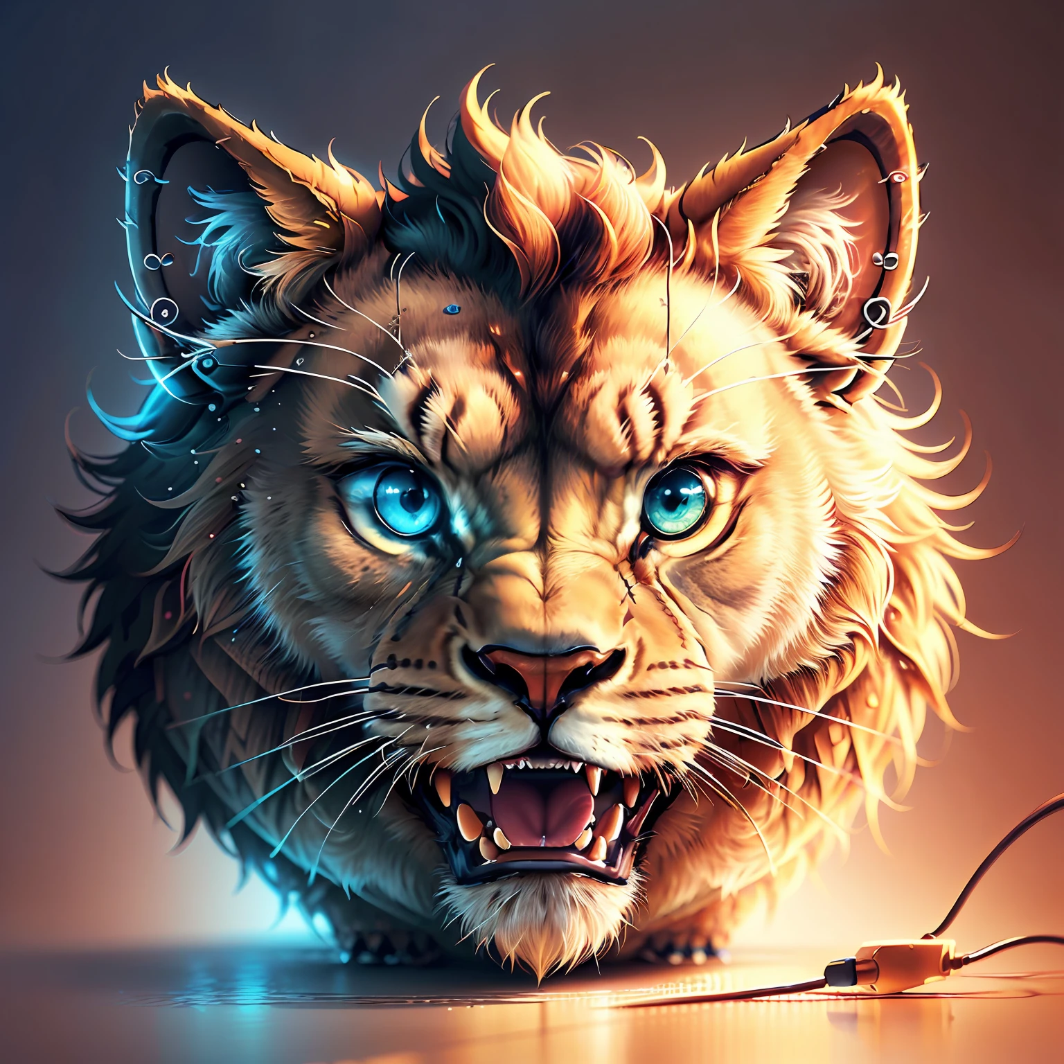 create a detailed illustration of a lion, wearing headphones, t-shirt design, in studio ghibli style, 3D vector art, cute and quirky, fantasy art, watercolor effect, bokeh, adobe illustrator, hand drawn, digital painting, soft lighting, overhead view, geometric style, retro aesthetic, character focused, 4k resolution, photorealistic rendering, using 4D cinema.
