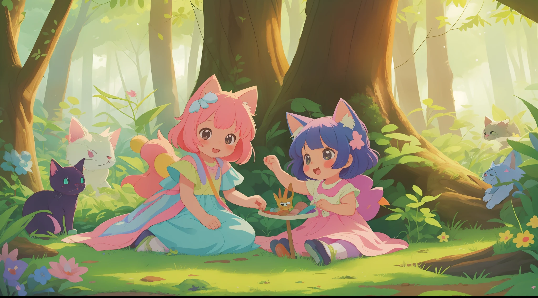 2girls, playing around in the forest with a kitty cat that is rainbow colored, full of magic and mystical items, amazing, adorable colors, pastel palette, colorful, children book, child anime, cute, adorable, whimsical, illustration, kawaii,