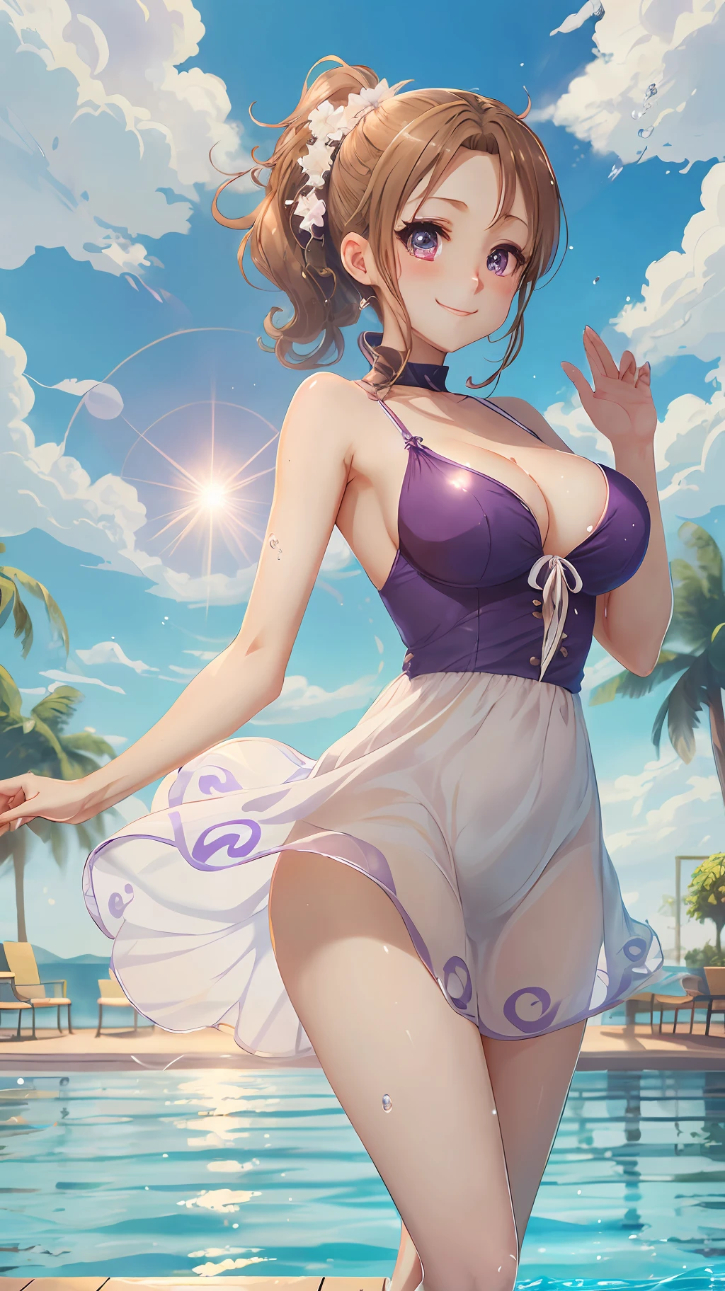 ((masterpiece)), ((best quality)), (ultra-detailed), ((kawaii)), cute, (lovely), ((sexy)), (ero), ((extremely detailed)), 4K, (8K), best quality, (beautiful), anime style, dynamic angle, raise a hand, running, colorful, full body focus, pool, beautiful sky, daytime, summer, a cute girl, 1girl, solo, one-piece dress, beautiful light brown hair, beautiful purple eyes, ((beautiful eyes)), white-skinned, ponytail, large breast, smile, lens flare, wind effect, shiny-glistening, gleaming, wetted by water --auto