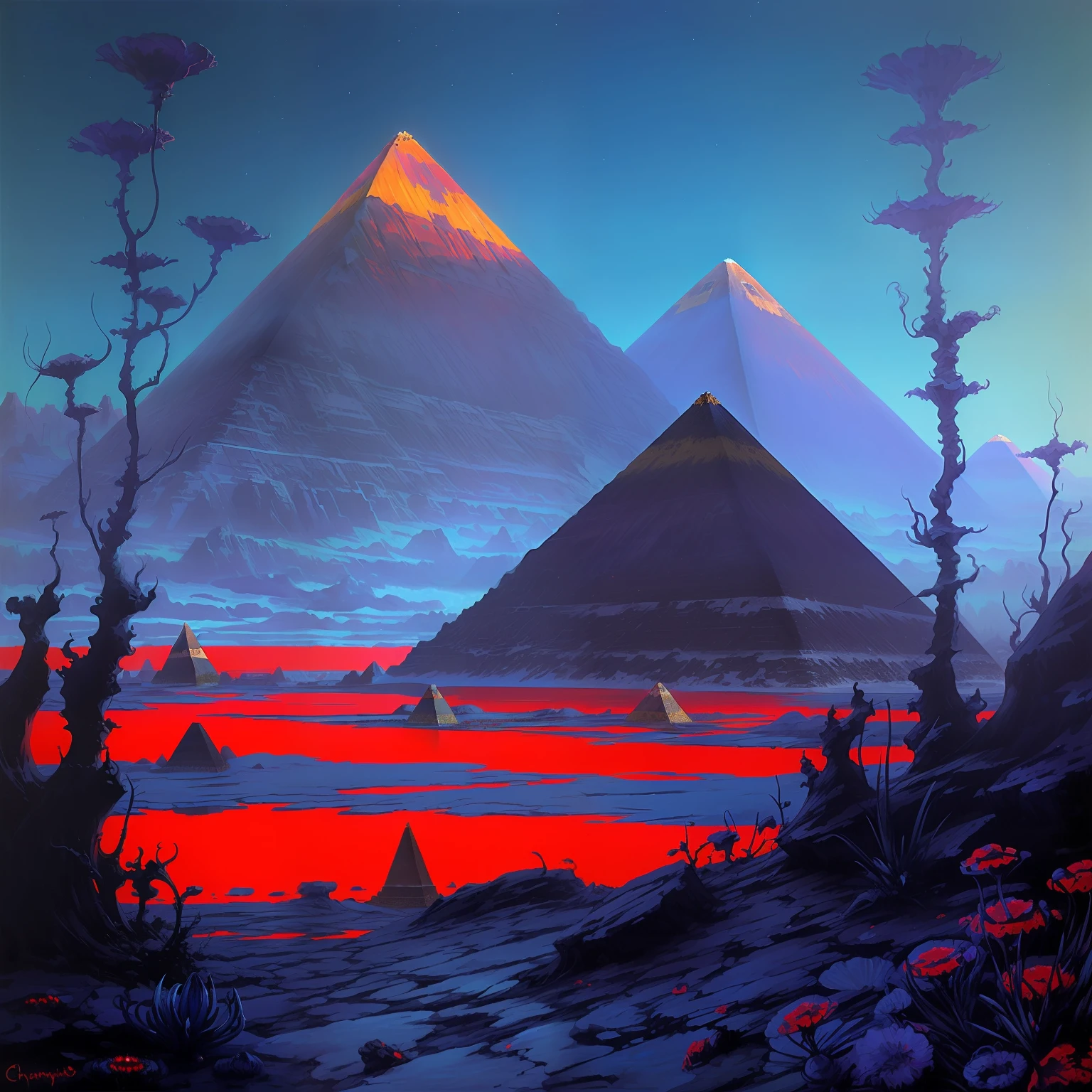 CosmicLandscapes, ((retro)), ((mysterious)), ((painting of an alien landscape)), ((red lake)), (blue sky), ((thin atmosphere)), ((alien plants)), ((pyramid)), rocks, chiaroscuro, beautifully lit, cinematic lighting, dramatic lighting, natural lighting, naturalism, (golden ratio), detailed, 8K, by Bruce Pennington, Danny Flynn by alexi zaitsev, by Antoine Blanchard, by Brent Heighton, by Jeremy Mann