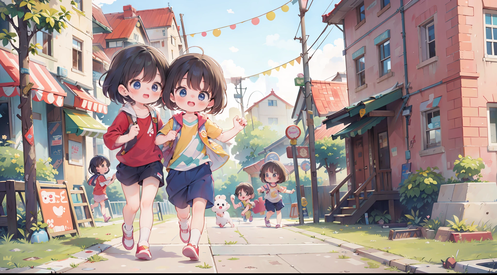 2girls, playing around in the city with a puppy dog, colorful, children book, child anime, cute, adorable, whimsical, illustration, kawaii,