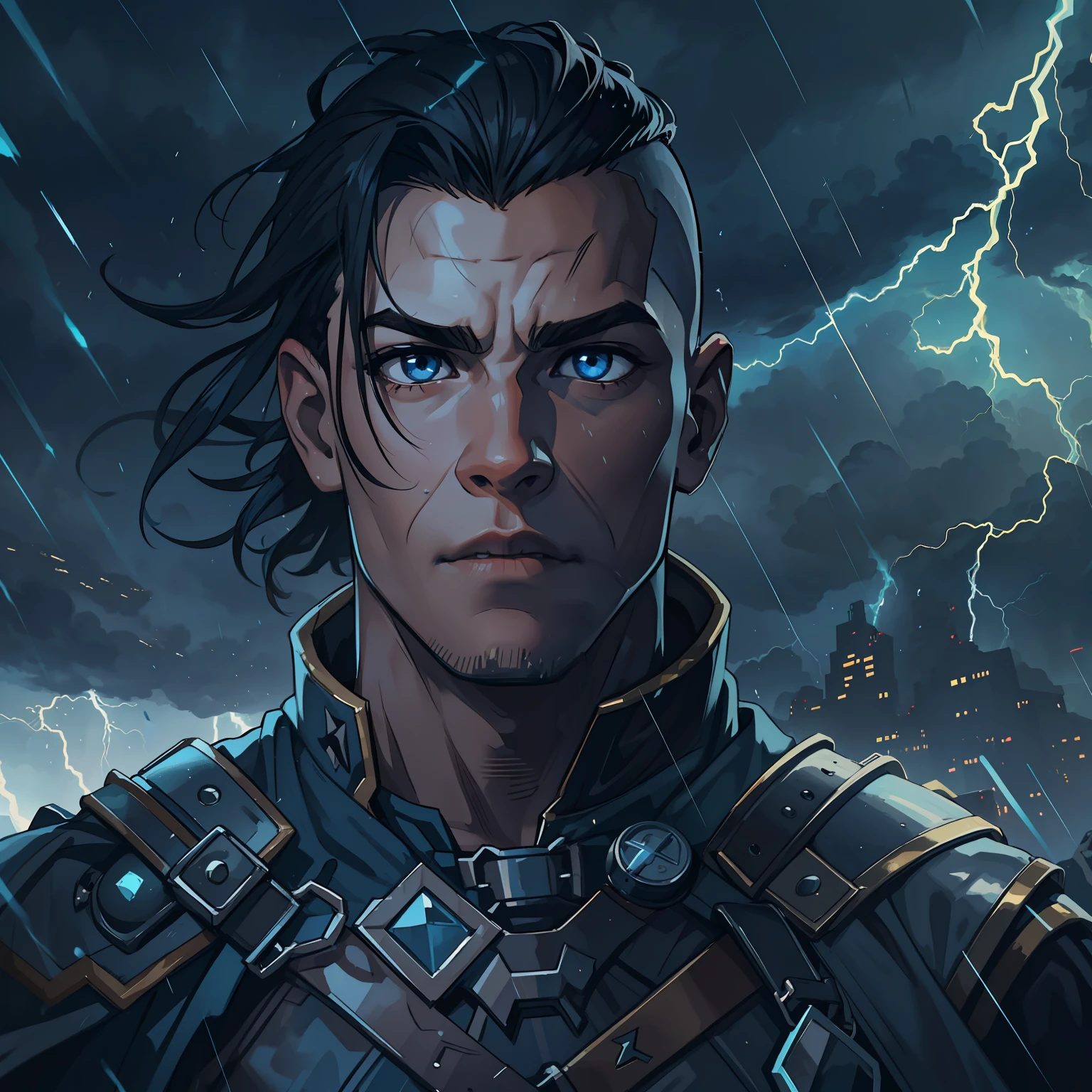 A handsome young man with blue eyes and medium-sized black hair with the side of his hair shaved off the side of his head with shaved hair, this young man is a warrior, he wears a battle suit and stands in the middle of a storm, on top of a mountain, like a prince of thunder, the sky illuminated by lightning in the storm, electricity by his body, thunder, magic, he is like a god of Thunder;: Como Thor, He's a teenage warrior, magical dark sky, nuvens negras no meio de uma tempestade, water, Rain and Thunder An Art for an RPG A Medieval Art for an RPG