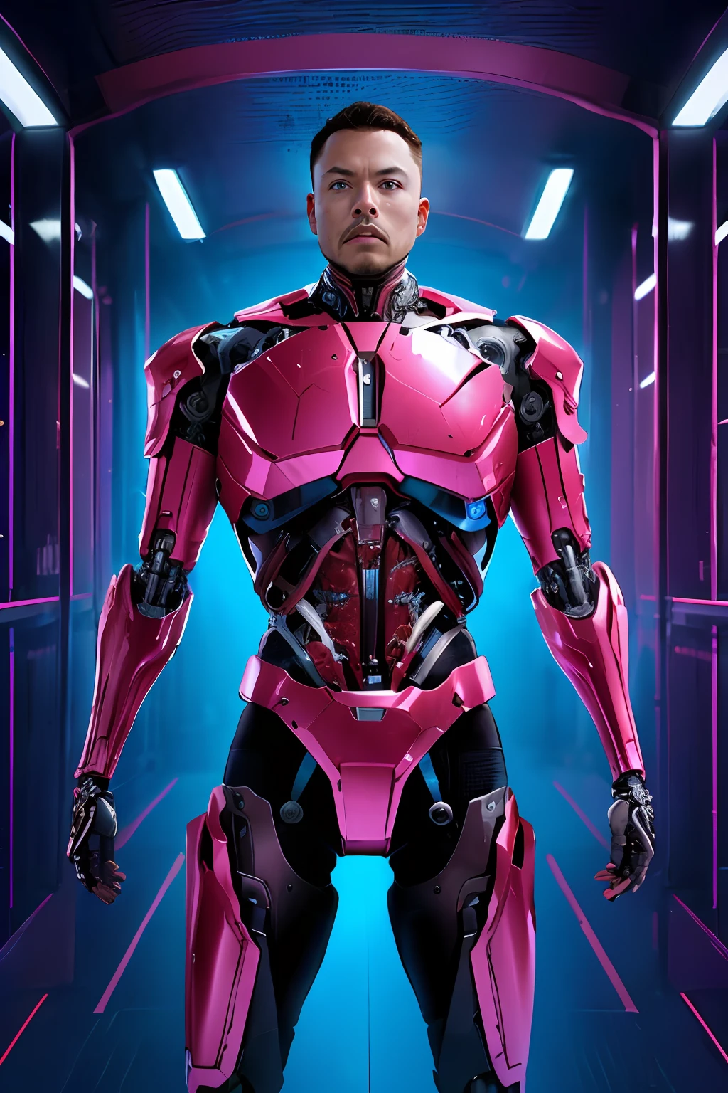 Arafed man in a pink suit standing in a hallway, Barbie Ciborgue, armadura rosa simplificada, cyborg foto de moda, modelo de moda ciborgue, filme ainda de um ciborgue legal, armadura rosa lisa, filme ainda de um ciborgue, diverse cybersuits, Corpo ciborgue, cybernetic suit, futuristic robot body, ciborgue macho, Elon Musk como um ciborgue