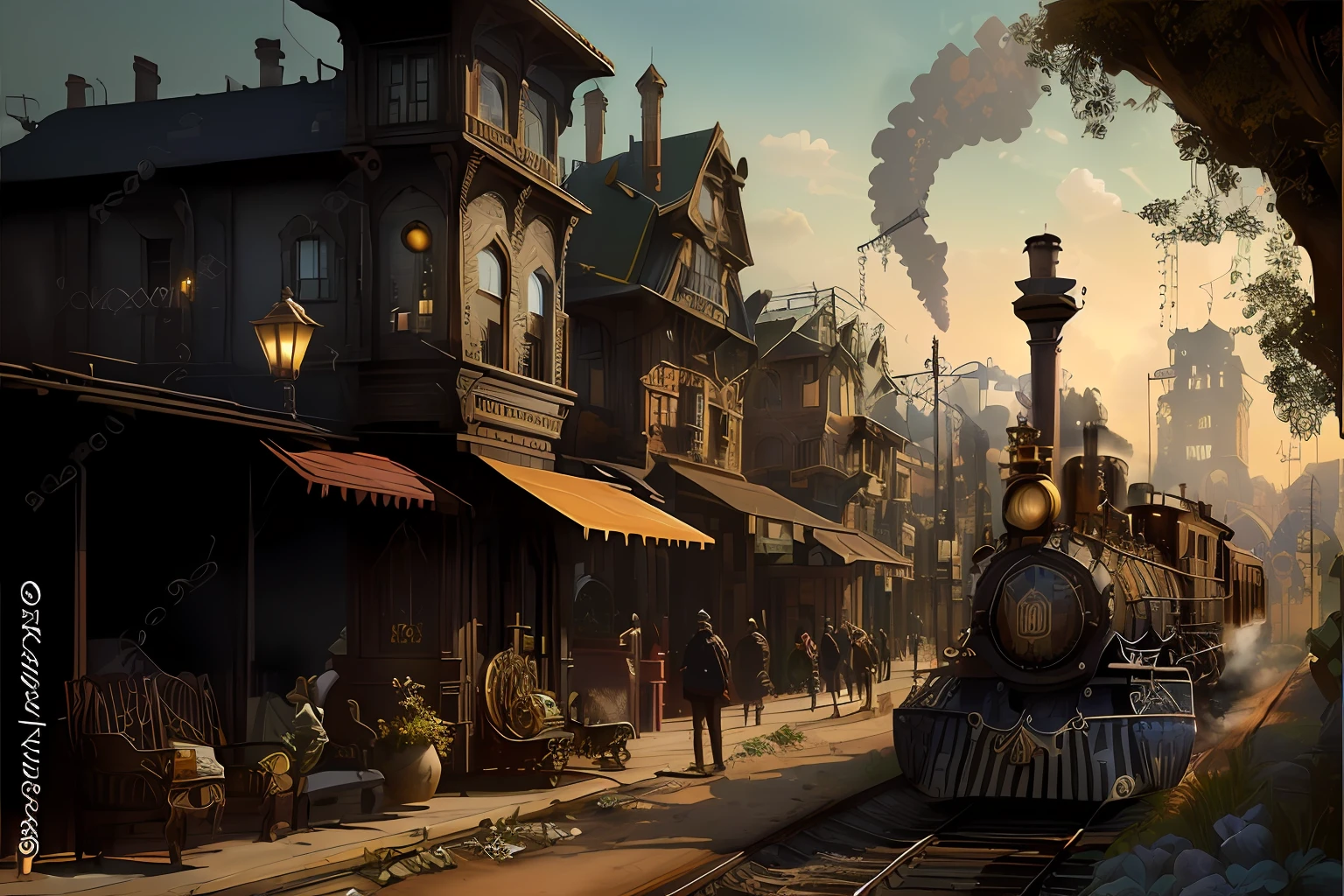There is a train that is going down the tracks of the city, Vista vitoriana da cidade steampunk, Cidade Vitoriana, mega cidade steampunk vitoriana, em Cidade Steampunkscape, atmosfera dourada da cidade steampunk, cidade steampunk no fundo, em uma cidade distopia steampunk, Fundo da cidade steampunk, Cidade Steampunk, arte de fantasia urbana estilizada, 3d renderizado steampunk, antiga cidade steampunk, detailed steampunk illustration