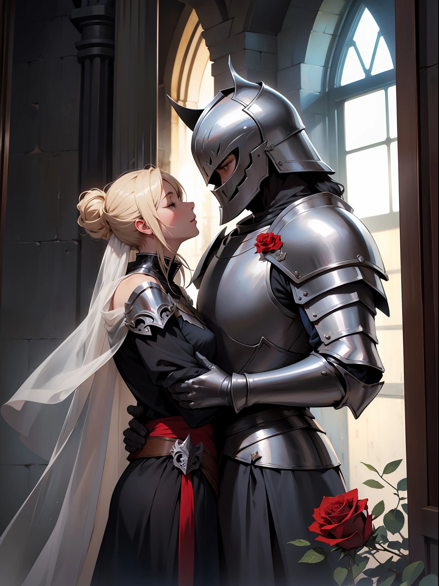 a knight in shining armor smelling a rose with a graceful pose