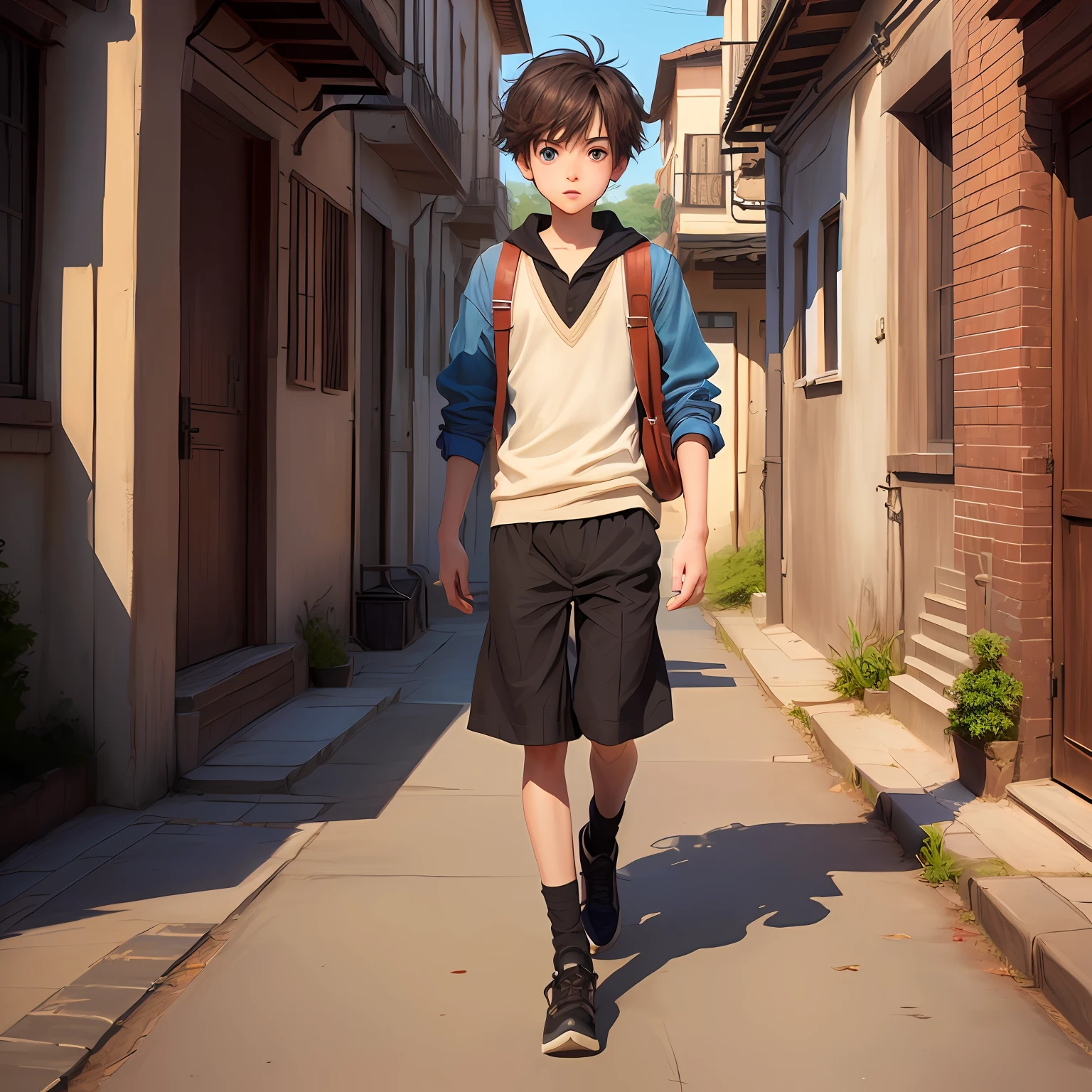 A Boy Animated Style, 360 degre, eyes brown,  walk in the street