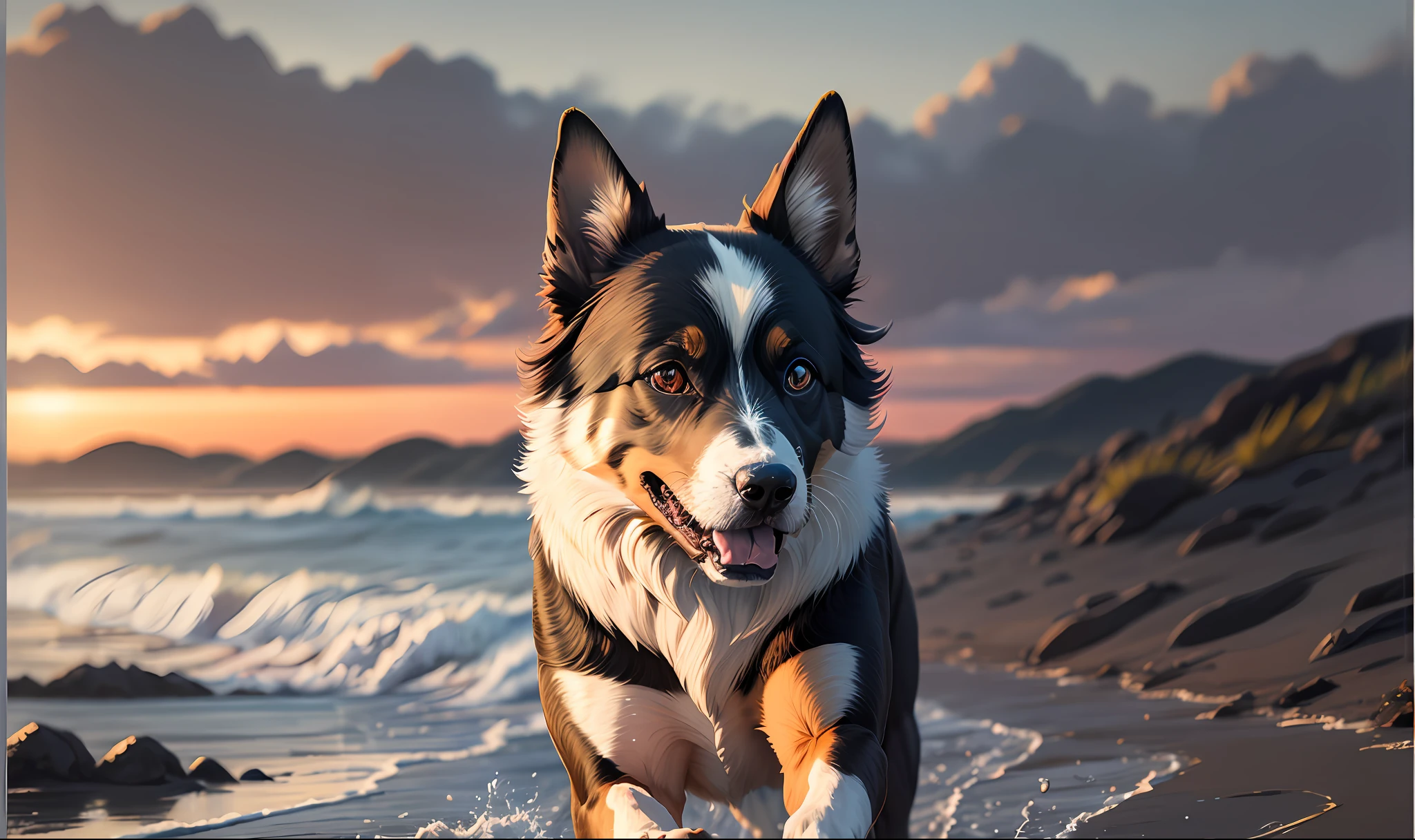 pintura digital altamente detalhada de 1 Cachorro border collie pelagem preta e branca correndo feliz na praia, por do sol, paz, luz, montanhas e nuvens ao fundo, 8k, oil-painting