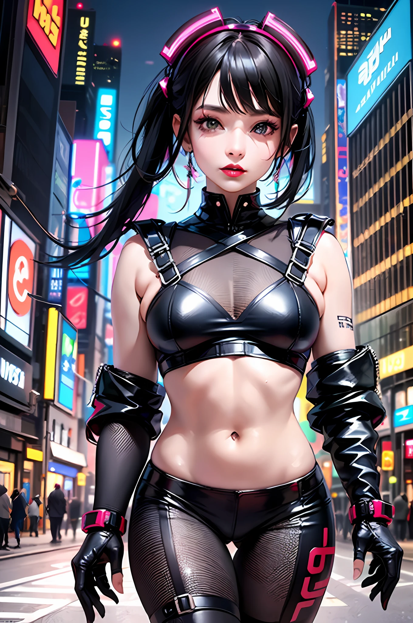 masterpiece, best quality, full body, 1 cyberpunk girl, looking at viewer, Confident girl with sassy expression, Harajuku-inspired pop outfit, bold colors and patterns, eye-catching accessories, trendy and innovative hairstyle, vibrant makeup, futuristic and dazzling cyberpunk cityscape, skyscrapers, neon signs, LED lights, bright and vivid color scheme, anime, illustration, detailed skin texture, detailed cloth texture, beautiful detailed face, intricate details, ultra detailed, photorealistic, cinematic lighting, depth of field.
