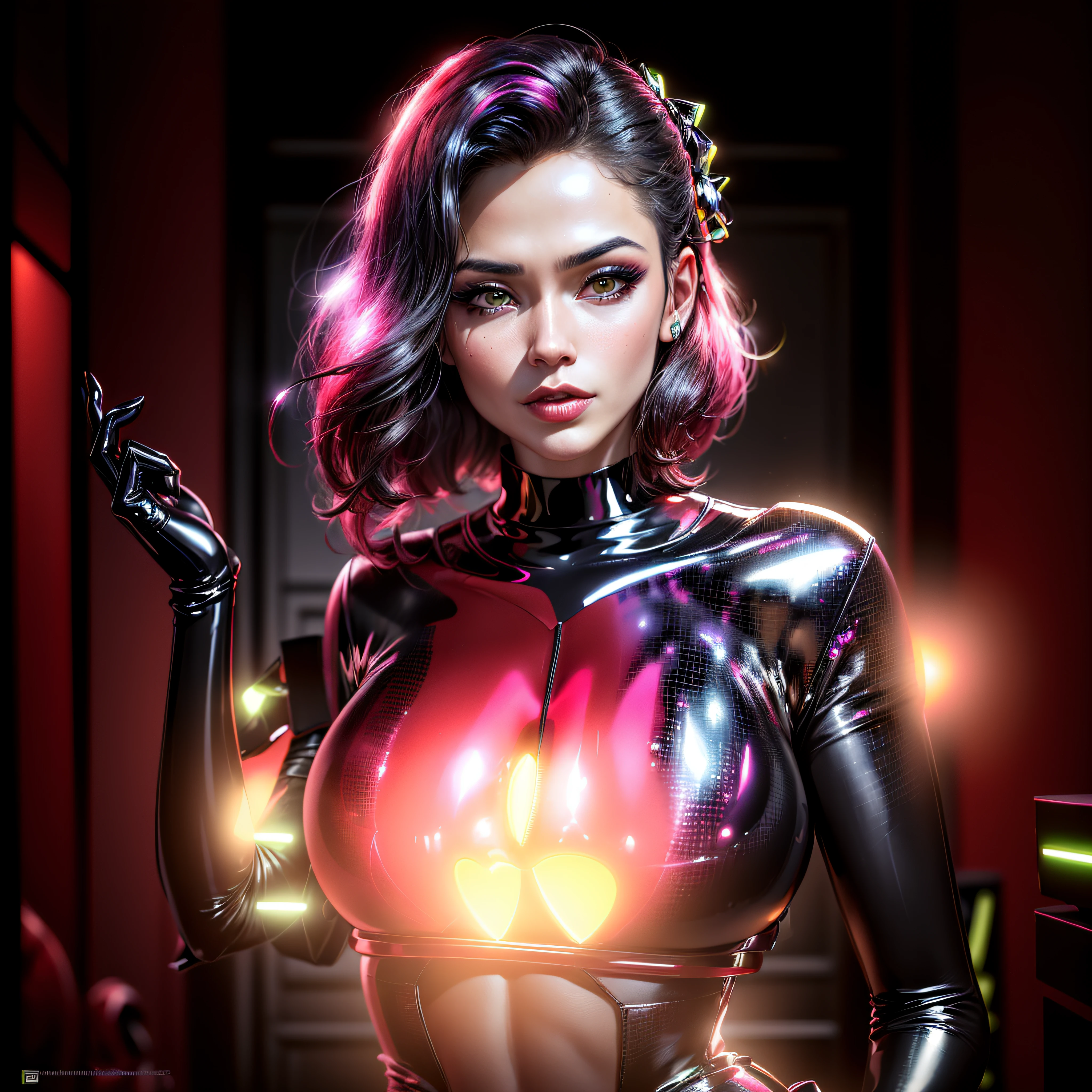 ((Realistic) Araffe in a latex suit posing for a photo, shiny metallic glossy skin, 8K ultrarrealista, bonita, mulher bonita, meninaa, Cute woman model with shiny black latex costume, beautiful female, ((Nvidia)), ((rosa neon vermelha no peito)), ((Ultrarrealista)) beautiful female seductive, mulher perfeita,