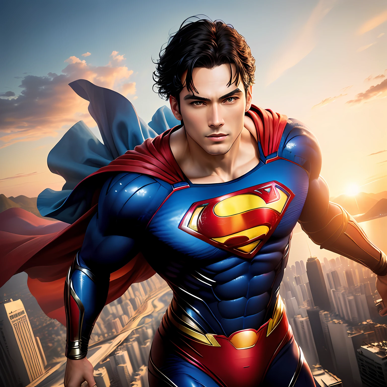 Artwork of Japanese AV actress Mikami Yua, (best quality: 1.3), (masterpiece: 1.3), (realistic: 1.4), (detail: 1.1), (superman: 1.3) soars over the city of Rio de Janeiro, Brazil. The artwork should be extremely detailed and should accurately depict Superman's character, including his signature blue and red suit, cape and insignia. Artwork should be created in high resolution 8K or 4K and should be rendered in 3D to give it a realistic quality. Artwork should also be created in 8D for added depth and dimension. The overall style of the artwork should be photorealistic, with an emphasis on capturing the vibrant colors and energy of Rio de Janeiro. Be sure to include iconic landmarks like the Christ the Redeemer statue and Sugarloaf Mountain. Final work should be of the highest quality and match the level of detail and realism found in professional Adobe Photoshop work.