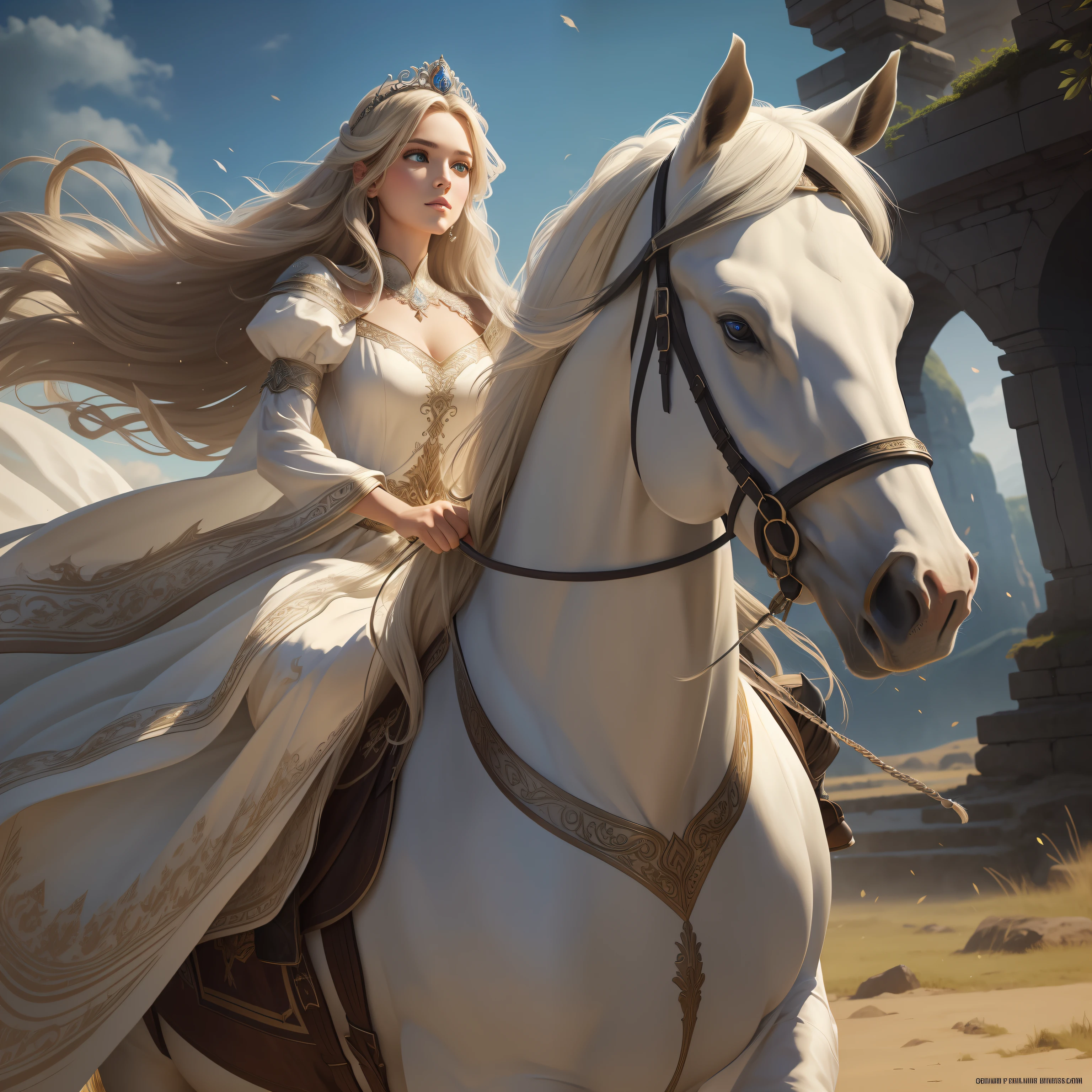 Beautiful princess with long hair in the wind , white gown, raiding a mighty horse to the Call of Duty. Detailed face. Fantasy art