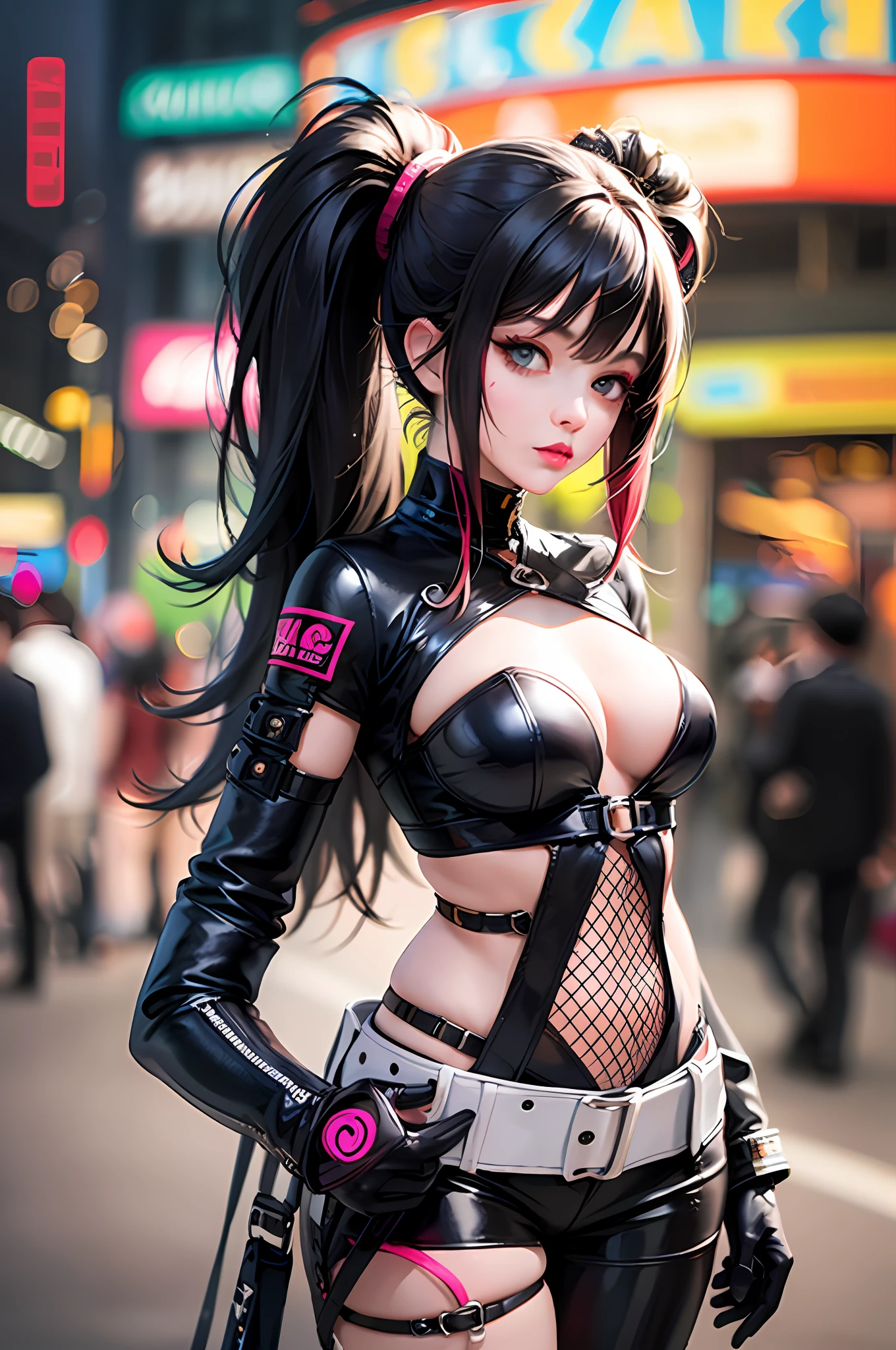 masterpiece, best quality, full body, 1girl, Confident girl with sassy expression, Harajuku-inspired pop outfit, bold colors and patterns, eye-catching accessories, trendy and innovative hairstyle, vibrant makeup, futuristic and dazzling cyberpunk cityscape, skyscrapers, neon signs, LED lights, bright and vivid color scheme, anime, illustration, detailed skin texture, detailed cloth texture, beautiful detailed face, intricate details, ultra detailed, photorealistic, cinematic lighting, depth of field f/1.8